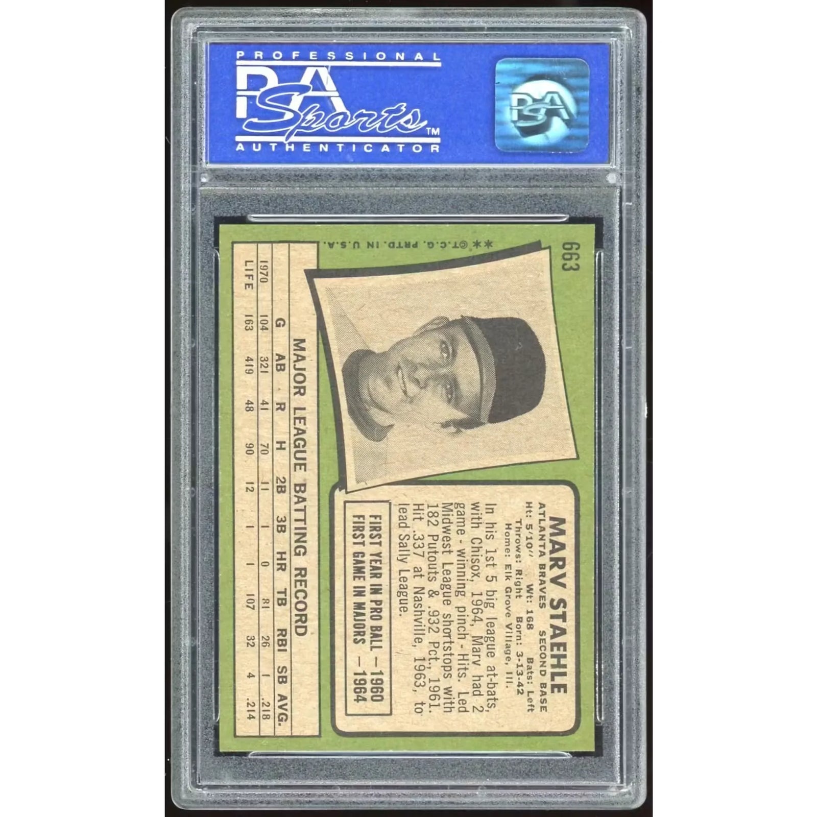 1971 Topps #663 Marv Staehle Baseball Card | PSA 8