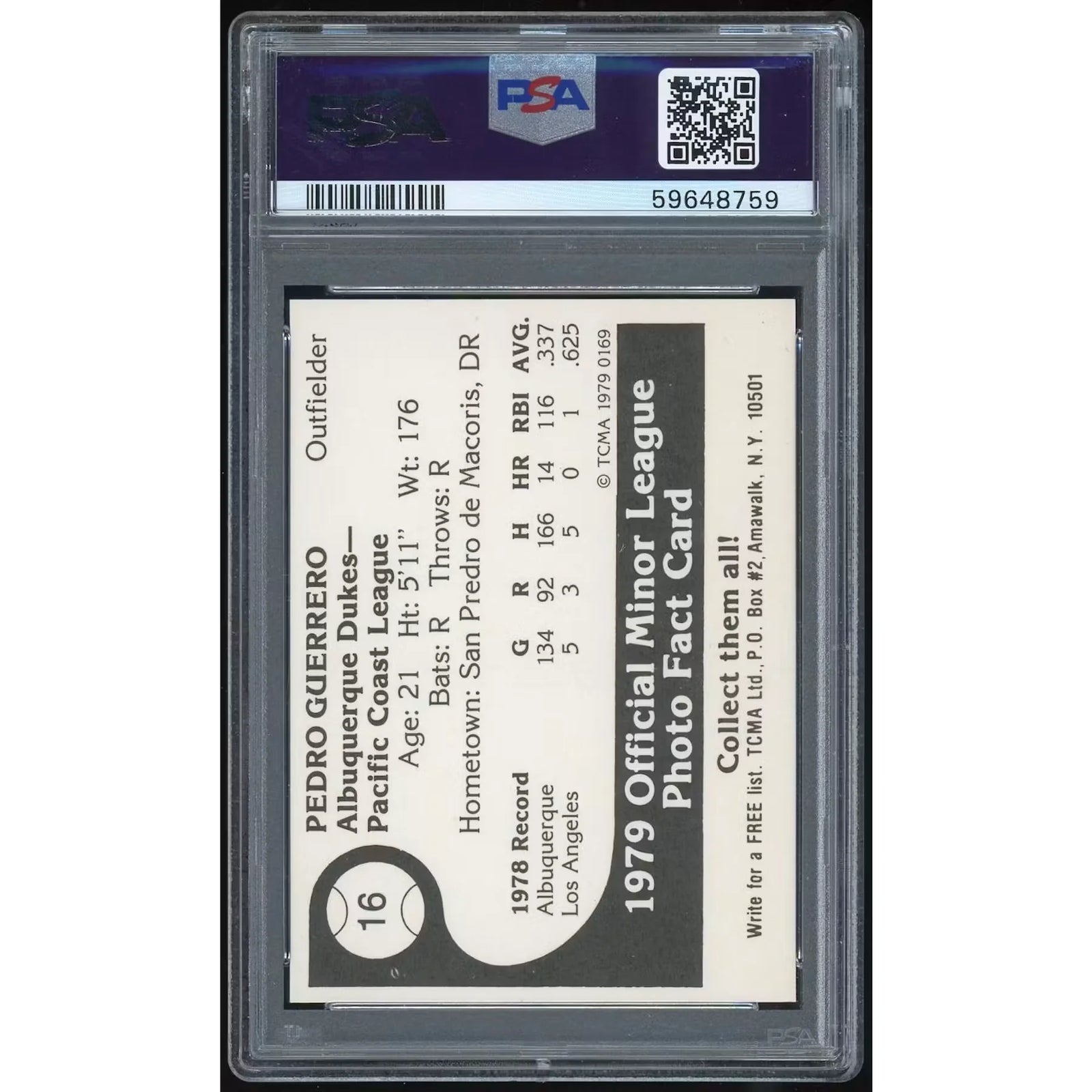 Pedro Guerrero 1979 TCMA Albuquerque #16 Card | PSA 9