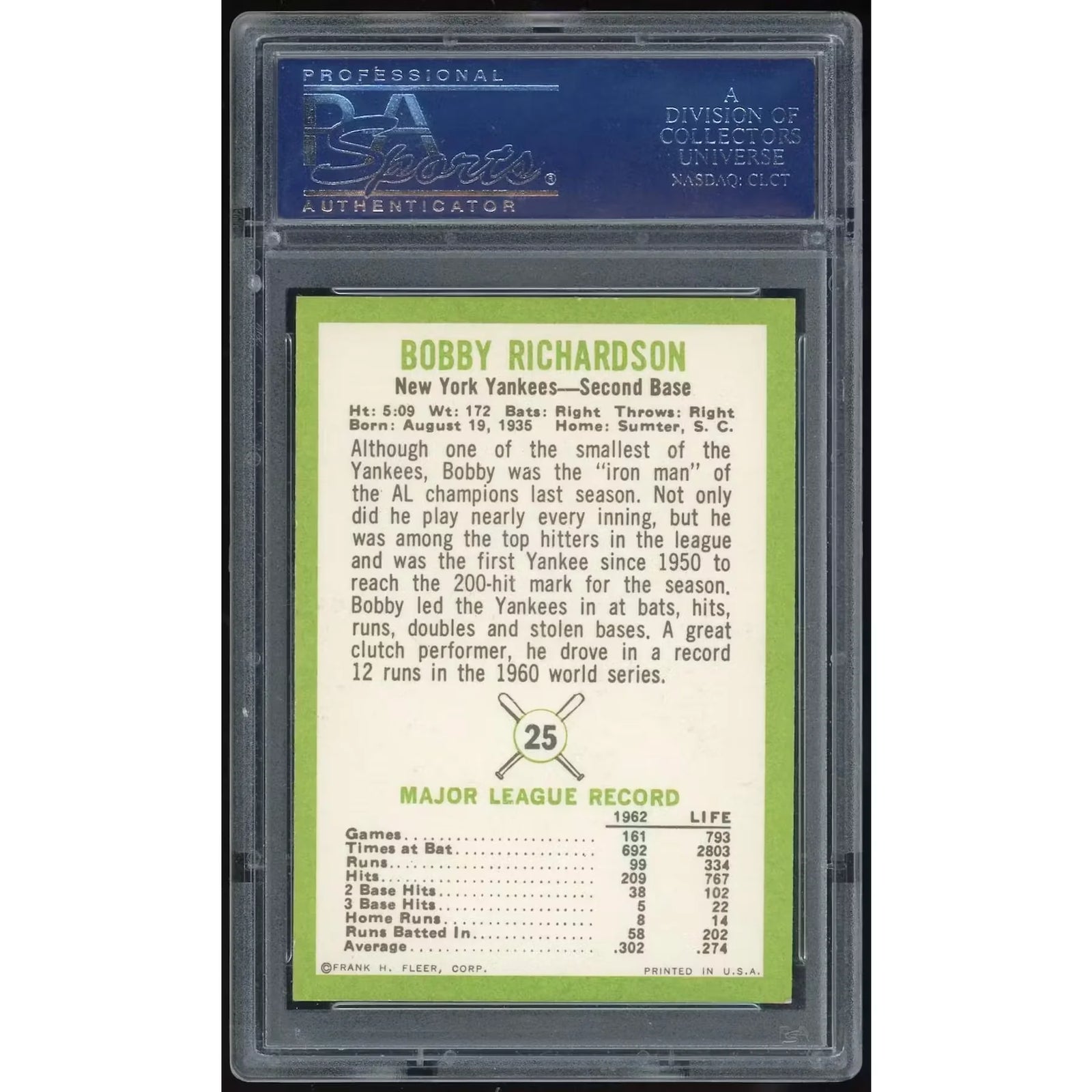 Bobby Richardson 1963 Fleer #25 | PSA 8.5
