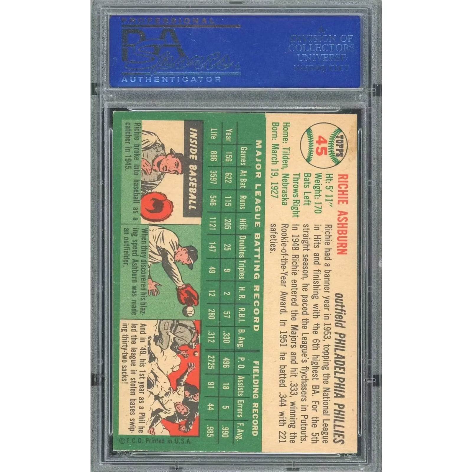 Richie Ashburn 1954 Topps #45 Baseball Card | PSA 6