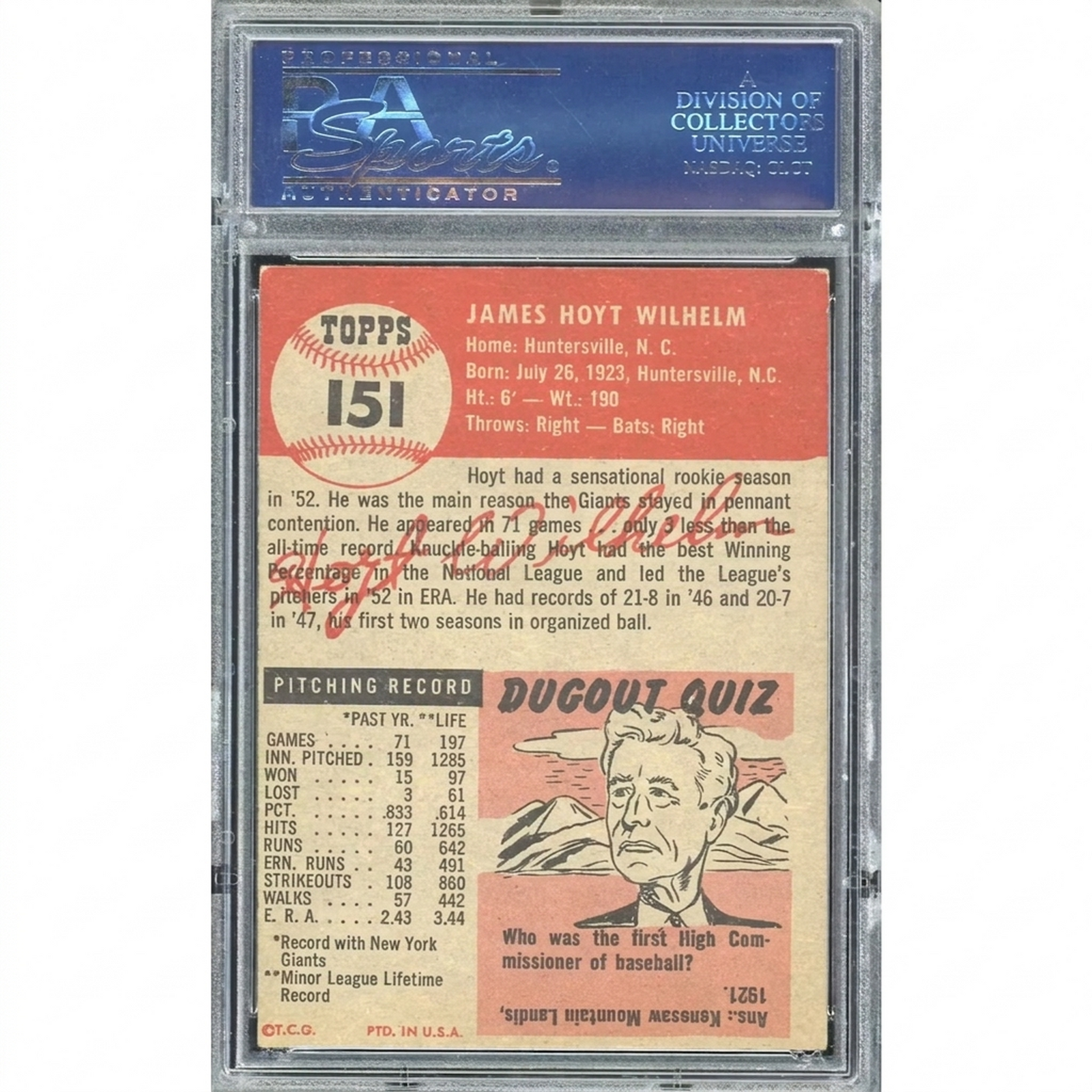 1953 Topps #151 Hoyt Wilhelm Baseball Card | PSA 5