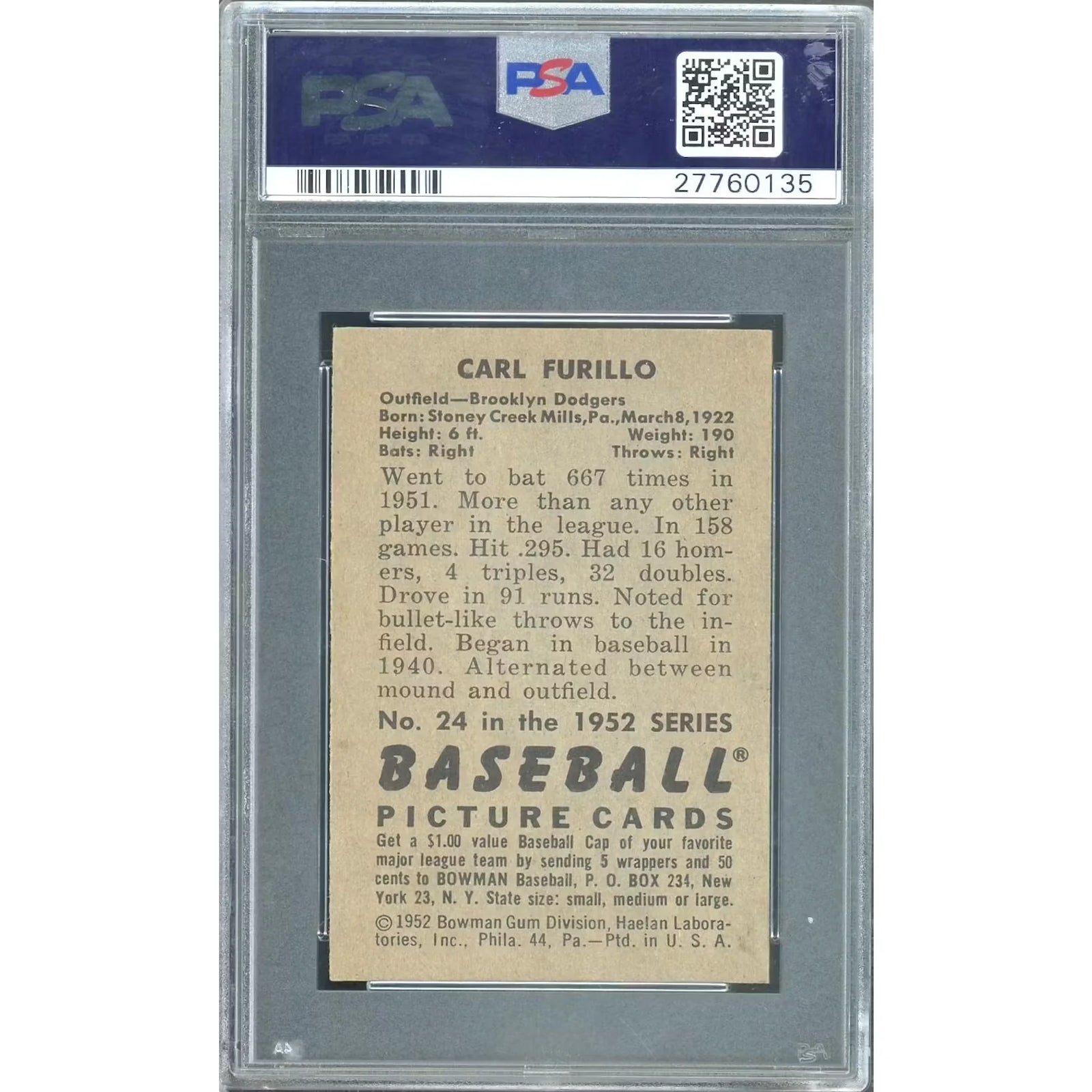 1952 Bowman #24 Carl Furillo Baseball Card | PSA 6