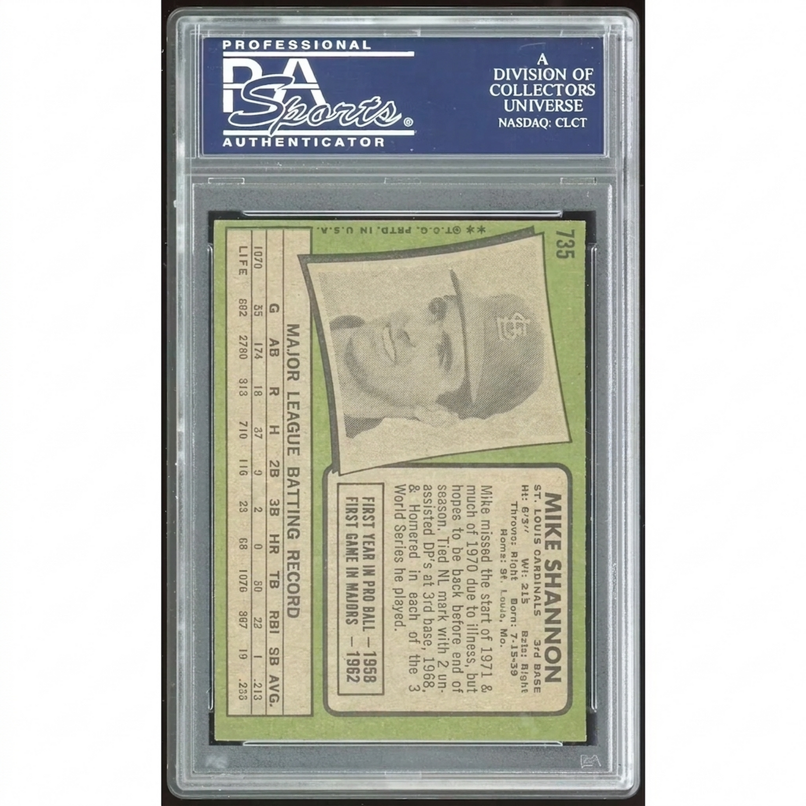Mike Shannon 1971 Topps #735 Baseball Card | PSA 8