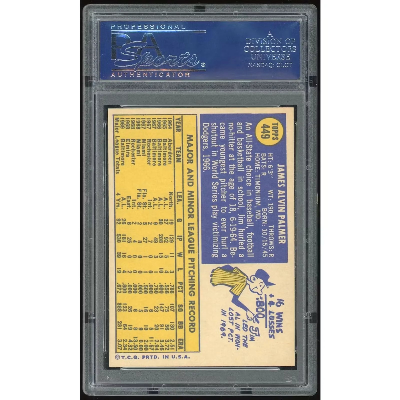 Jim Palmer 1970 Topps #449 Baseball Card | PSA 8