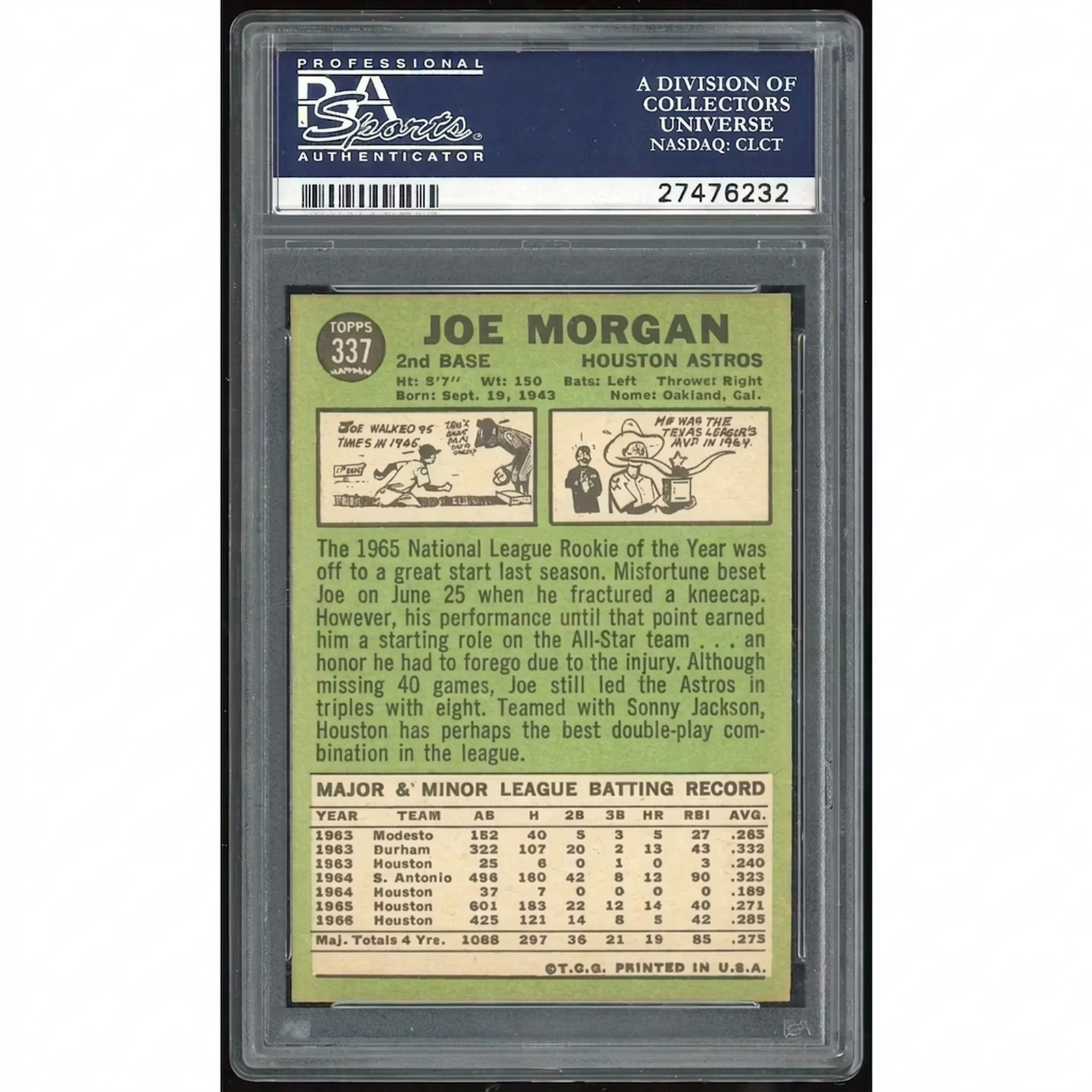 Joe Morgan 1967 Topps #337 Baseball Card | PSA 7