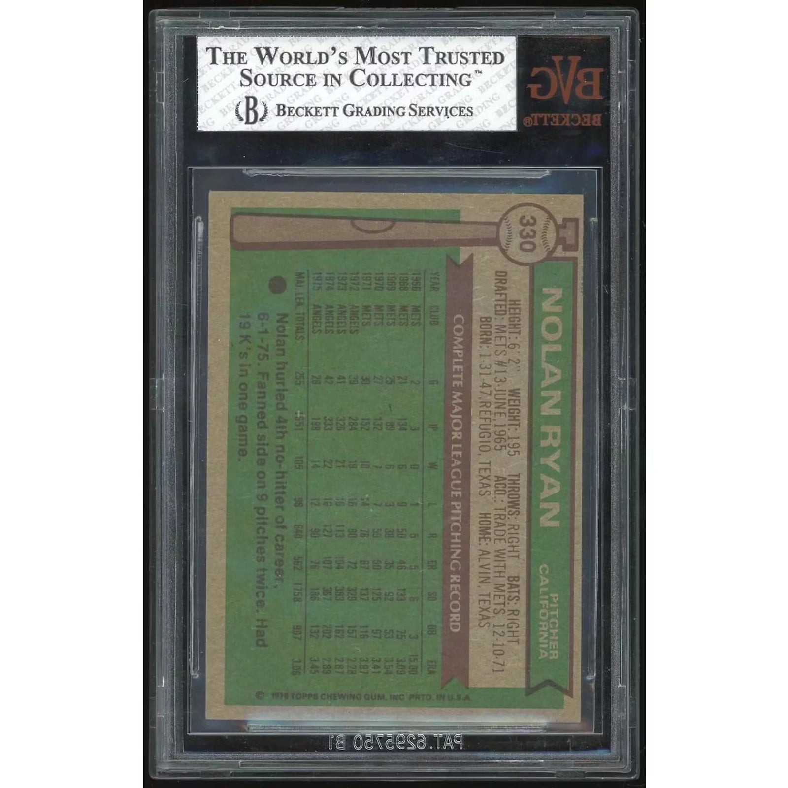 Nolan Ryan 1976 Topps #330 Baseball Card | BVG 7.5