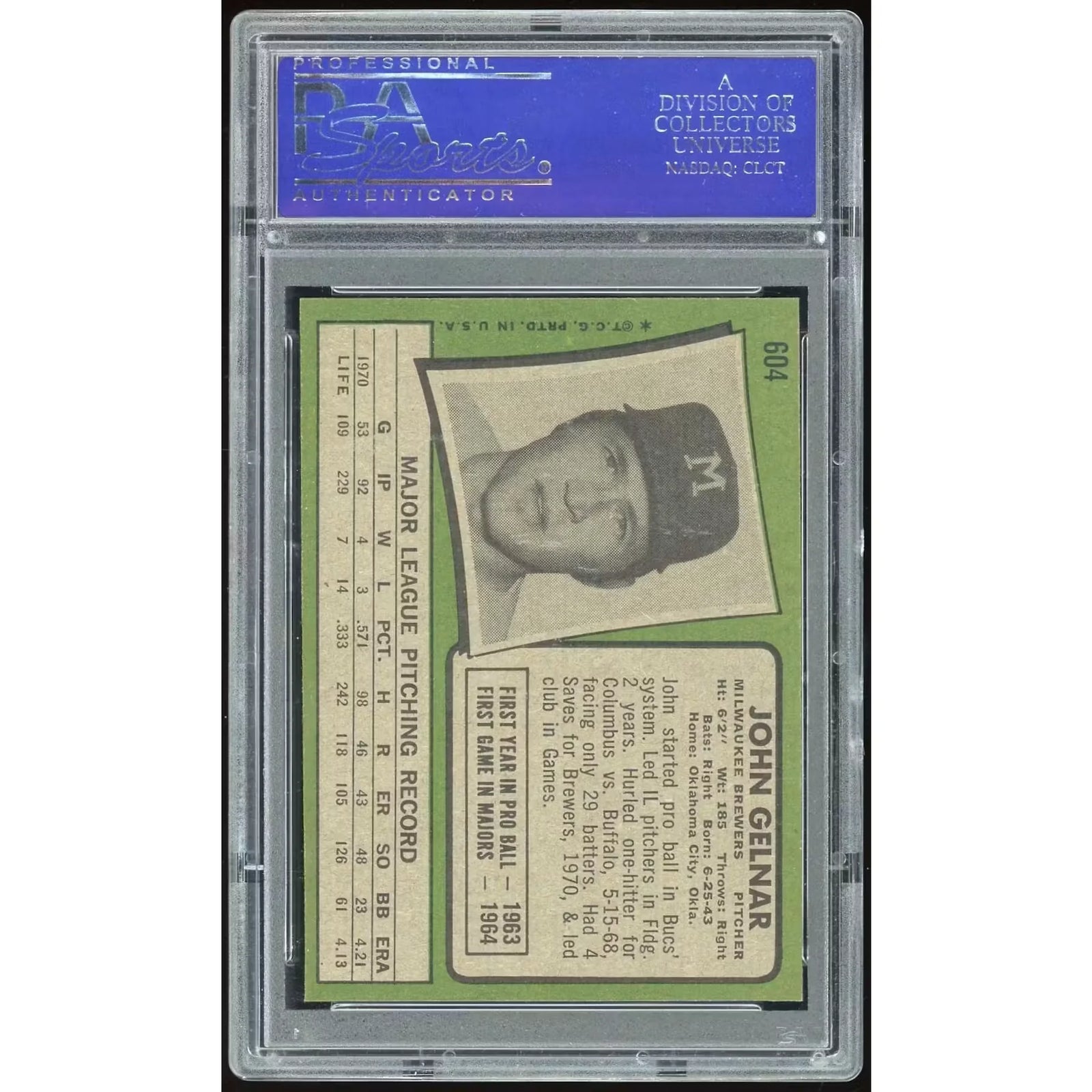 John Gelnar 1971 Topps #604 Baseball Card | PSA 8