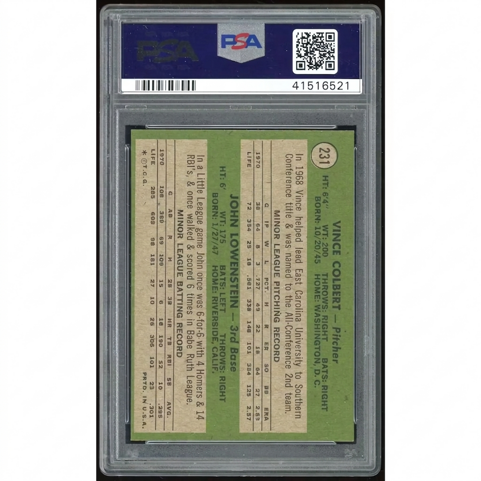 1971 Topps #231 Vince Colbert/John Lowenstein RC | PSA 8
