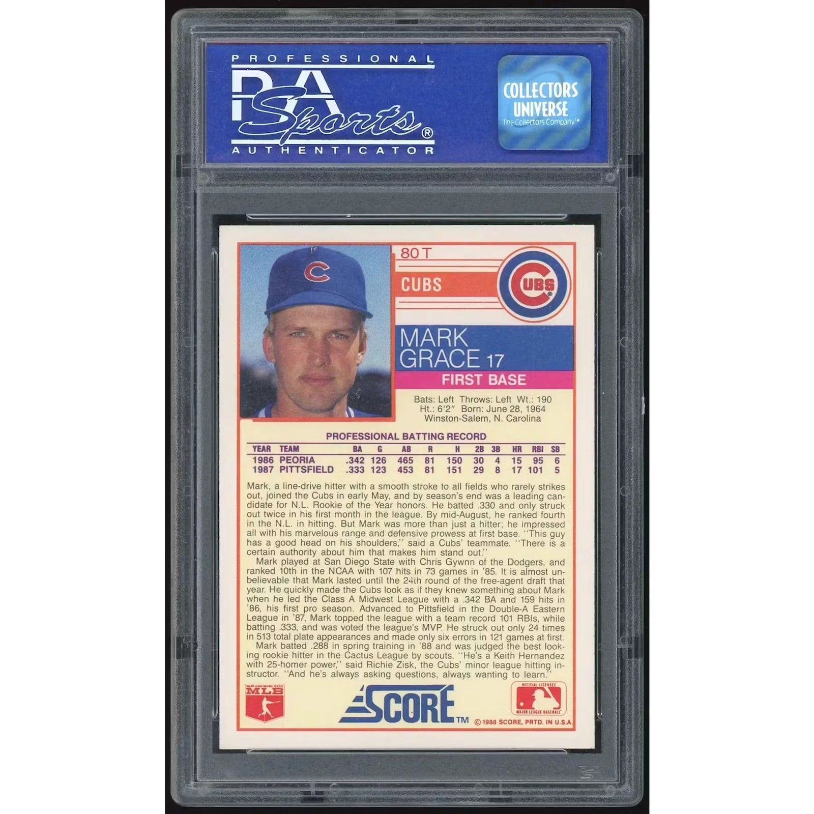 Mark Grace 1988 Score Rookies & Traded #80T Card | PSA 10