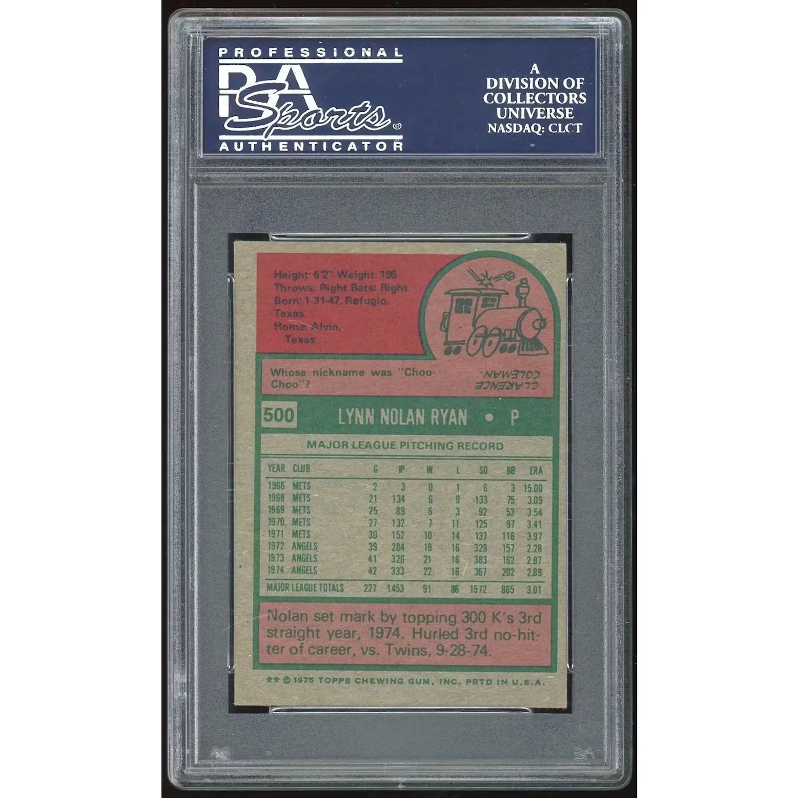 Nolan Ryan 1975 Topps Mini Card #500 | PSA 5