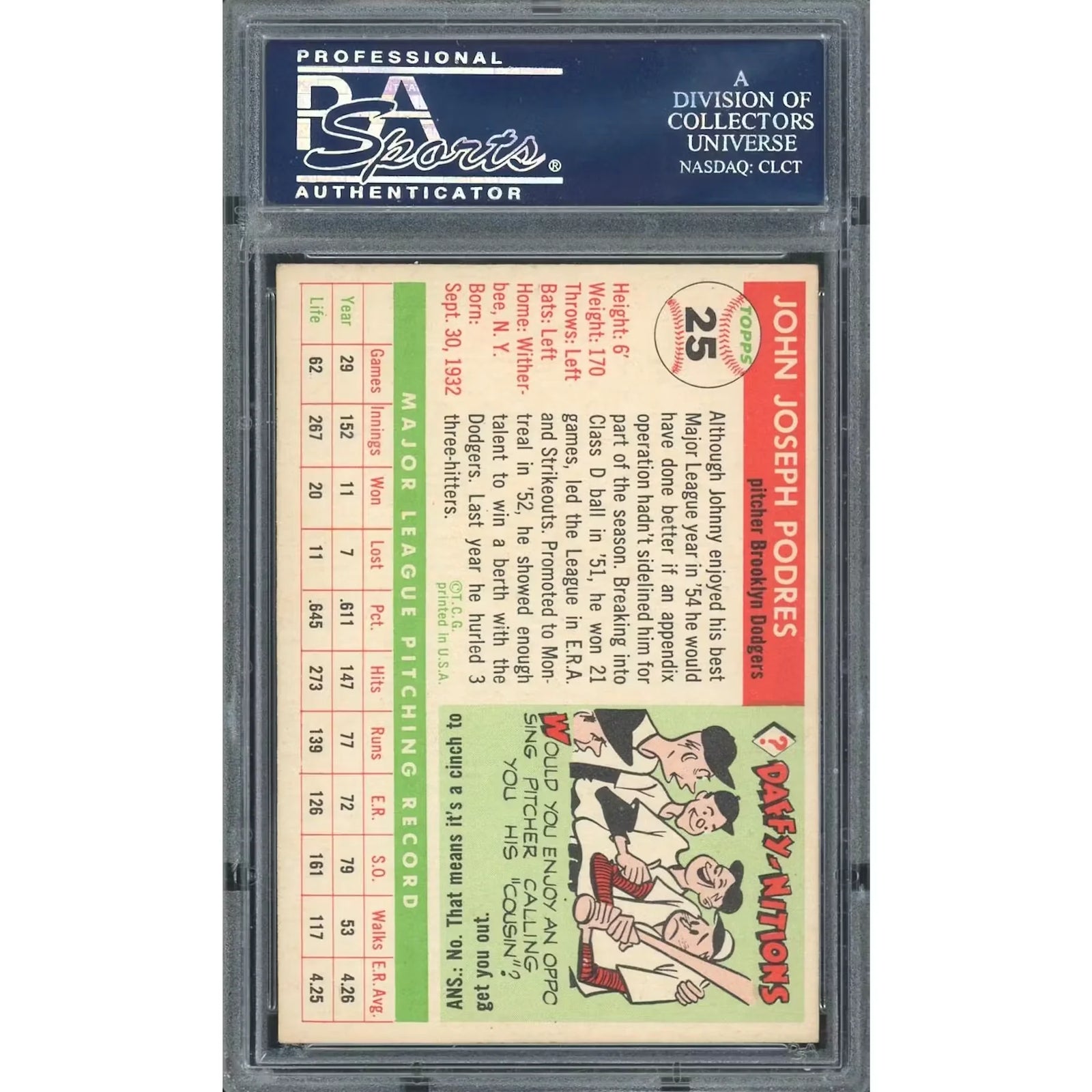 Johnny Podres 1955 Topps #25 Baseball Card | PSA 6
