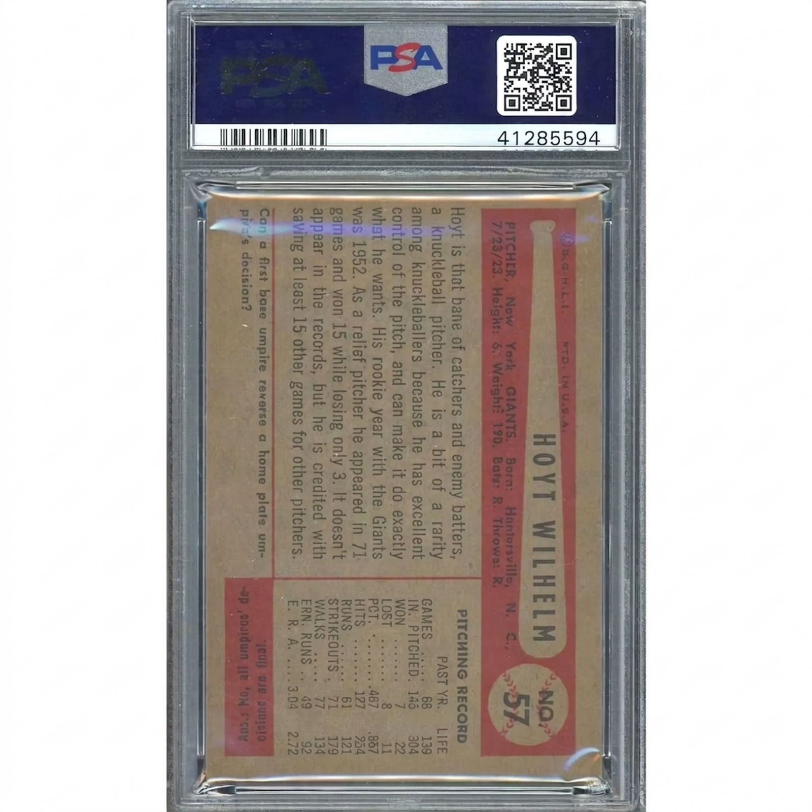 Hoyt Wilhelm 1954 Bowman #57 Baseball Card | PSA 6