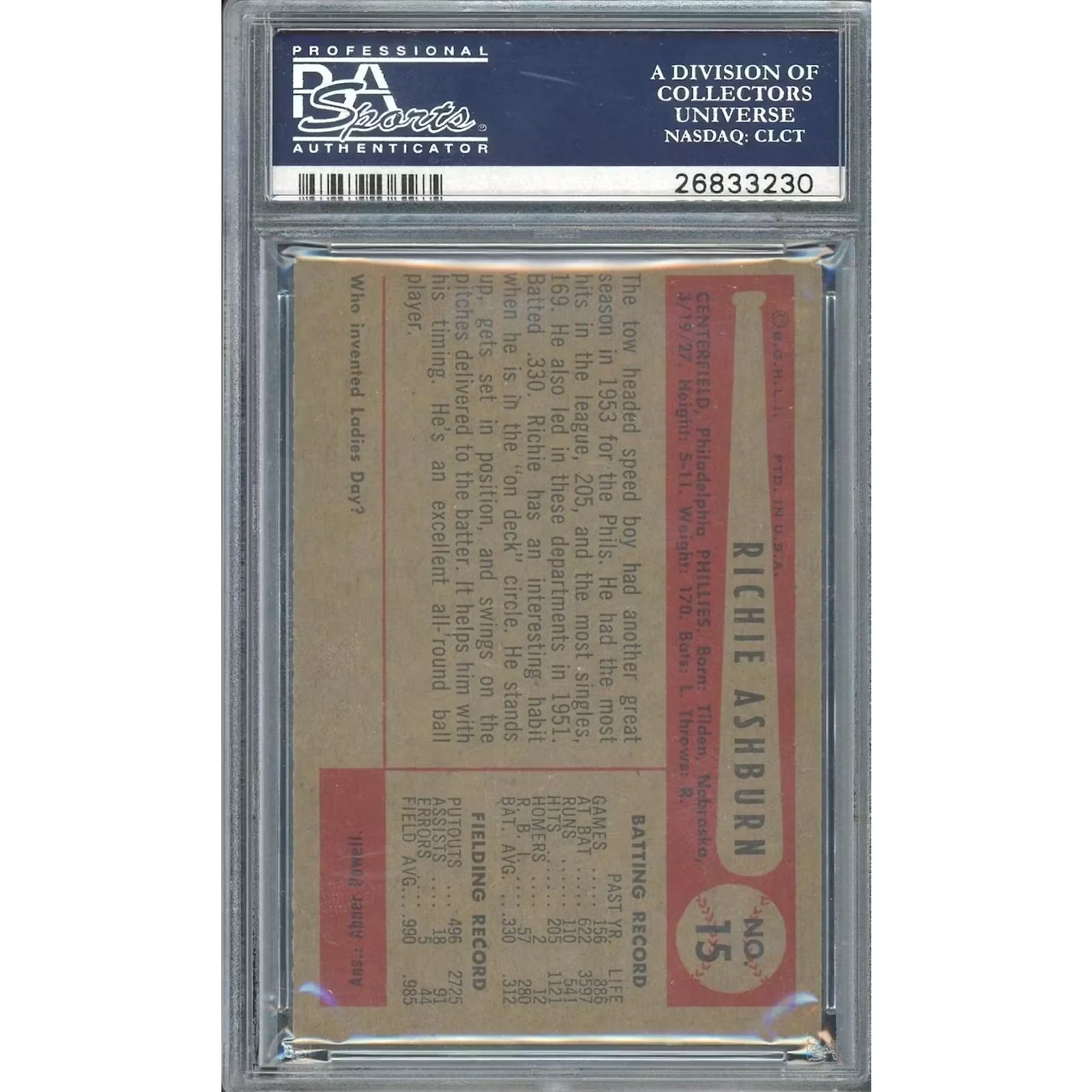 Richie Ashburn 1954 Bowman #15 Baseball Card | PSA 6