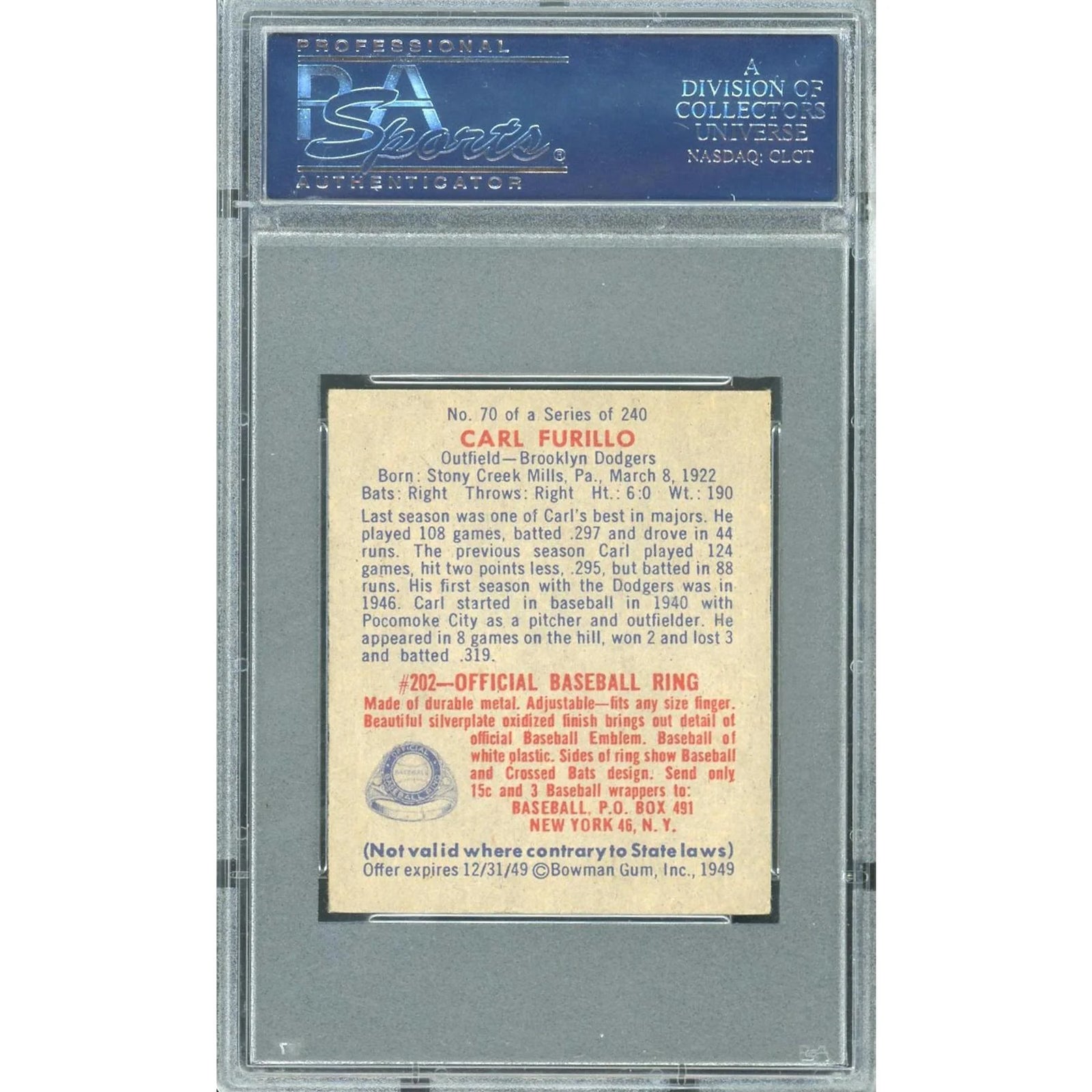 Carl Furillo 1949 Bowman #70 Rookie Card | PSA 5