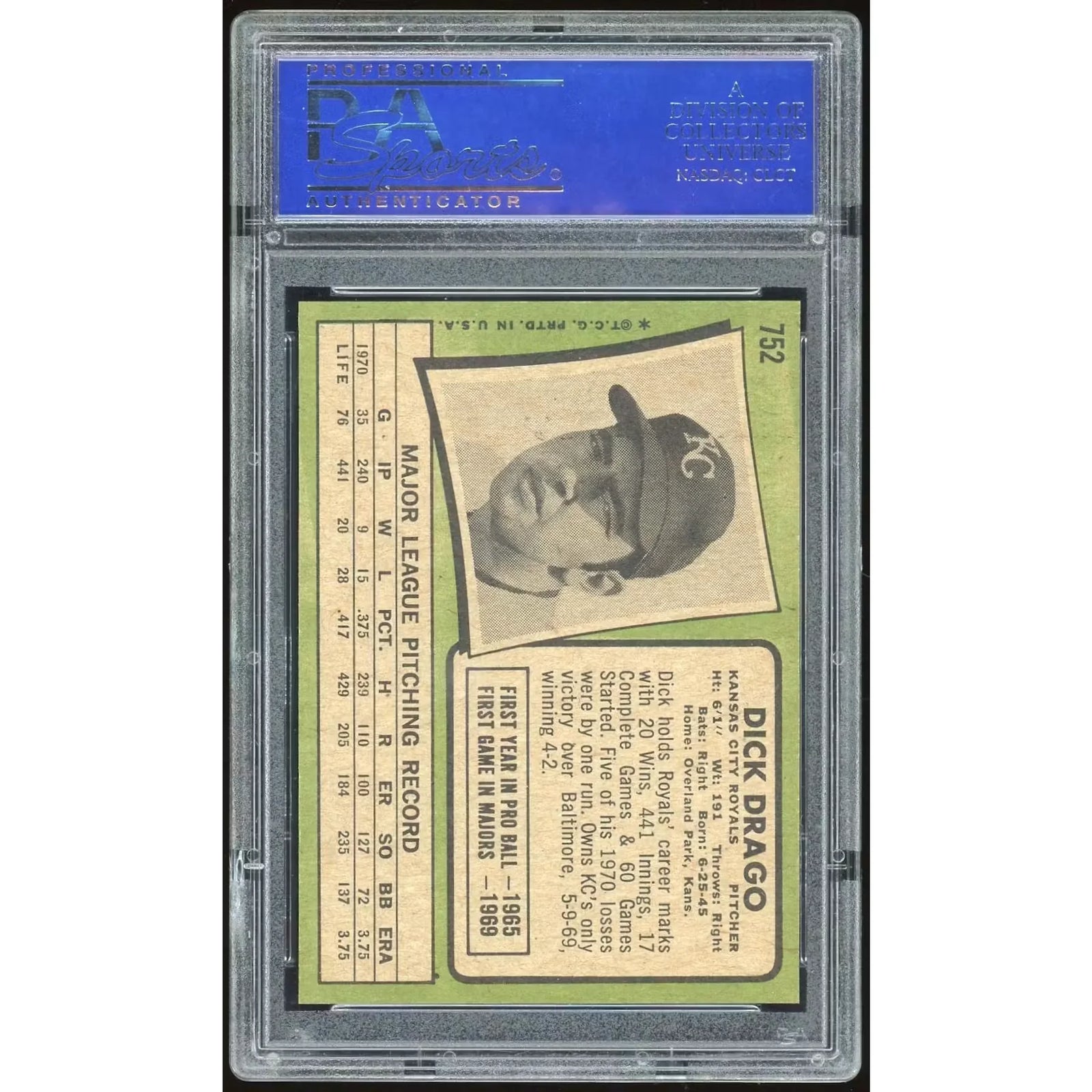 1971 Topps #752 Dick Drago Baseball Card | PSA 8