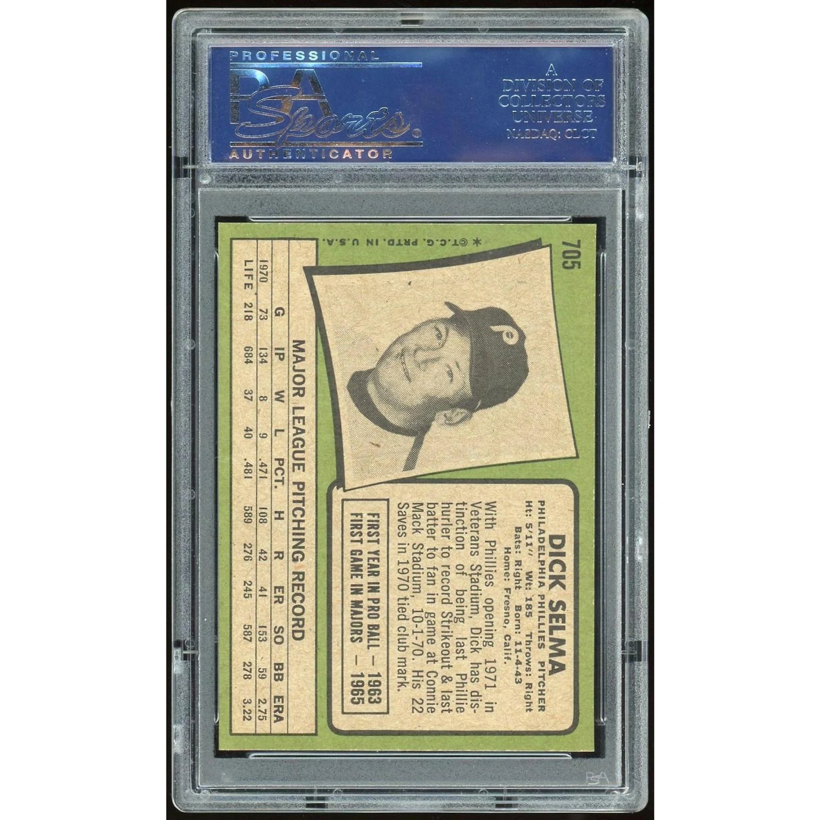 Dick Selma 1971 Topps #705 Baseball Card | PSA 8