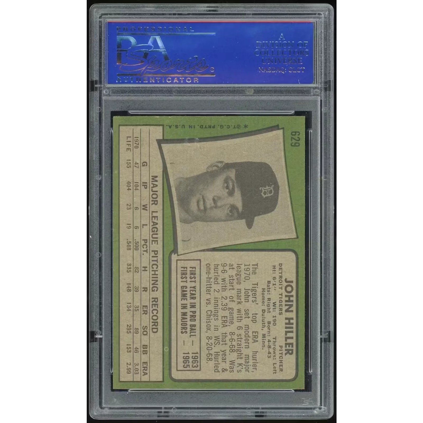 John Hiller 1971 Topps #629 Baseball Card | PSA 8