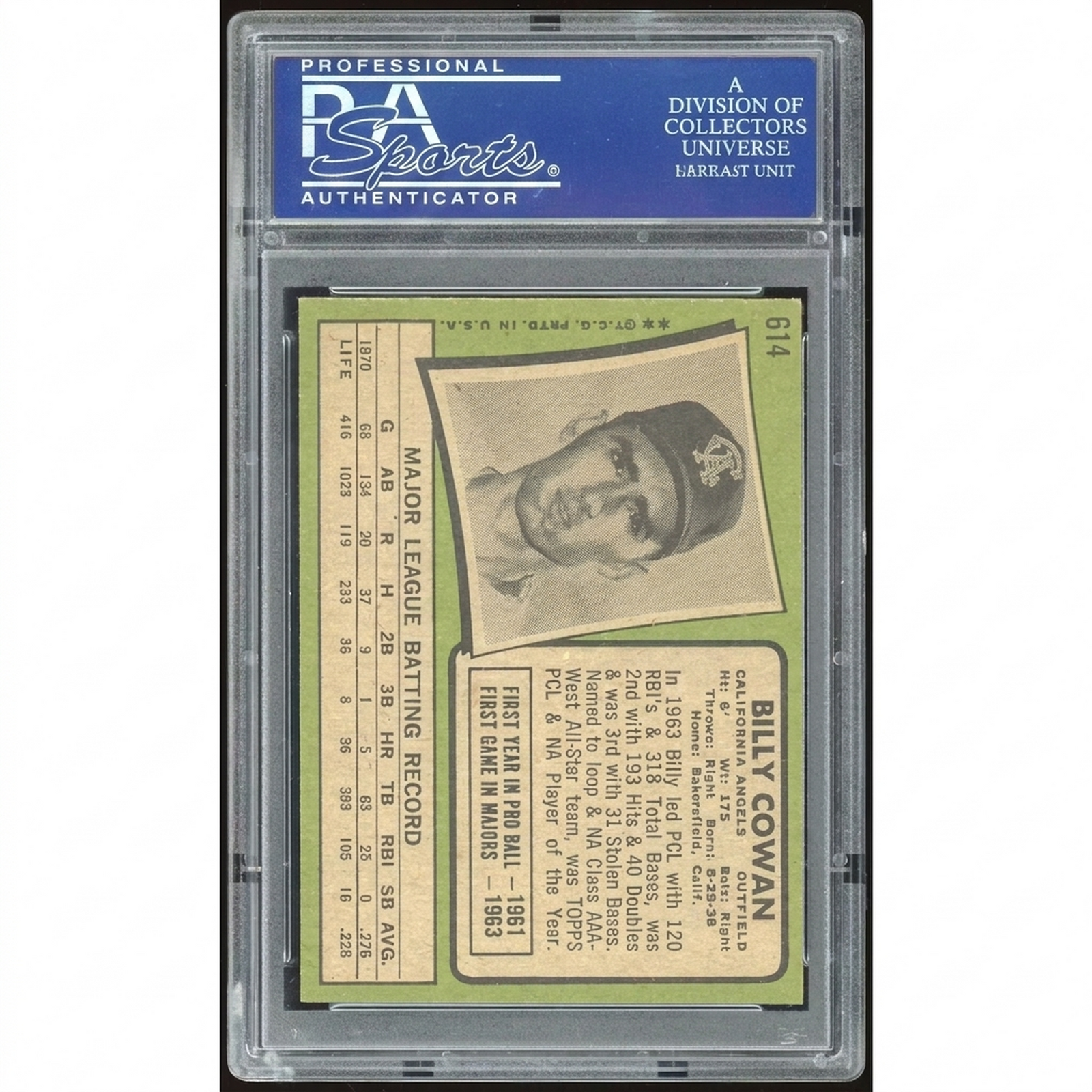 Billy Cowan 1971 Topps #614 Baseball Card | PSA 8