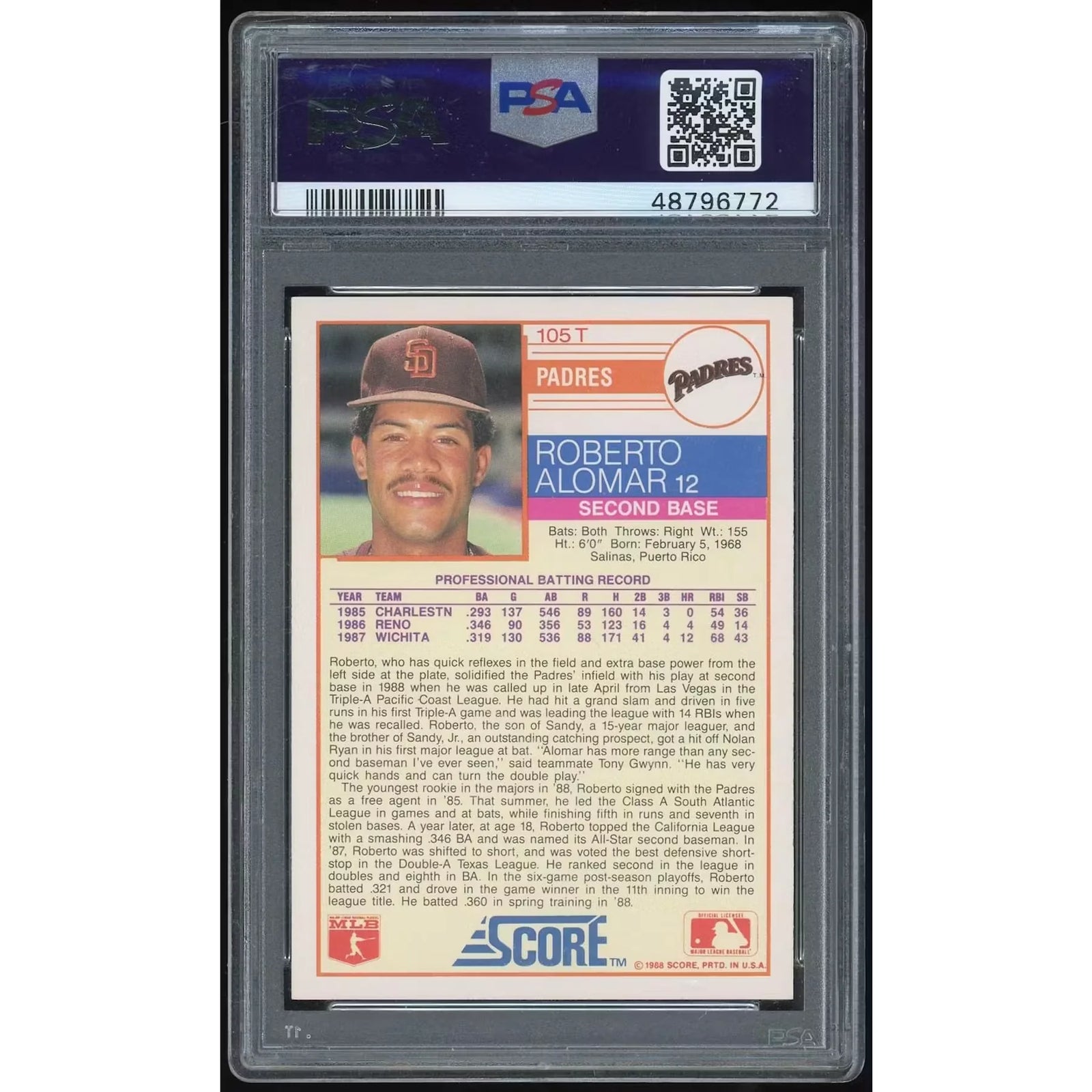 Roberto Alomar 1988 Score Rookies & Traded #105T Card | PSA 10