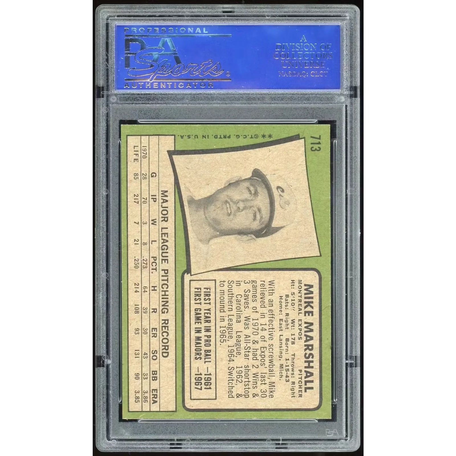1971 Topps #713 Mike Marshall Baseball Card | PSA 8