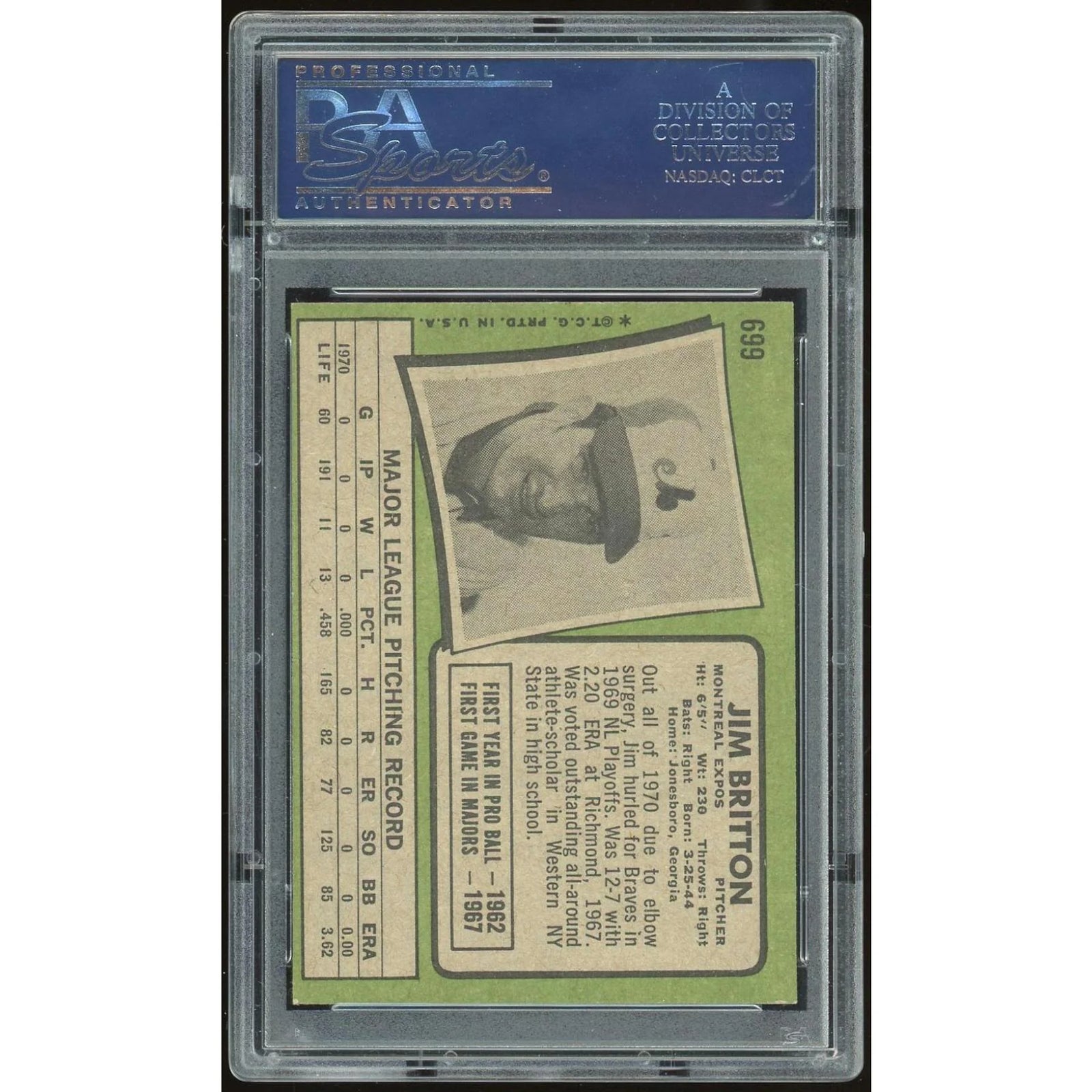 1971 Topps #699 Jim Britton Baseball Card | PSA 8