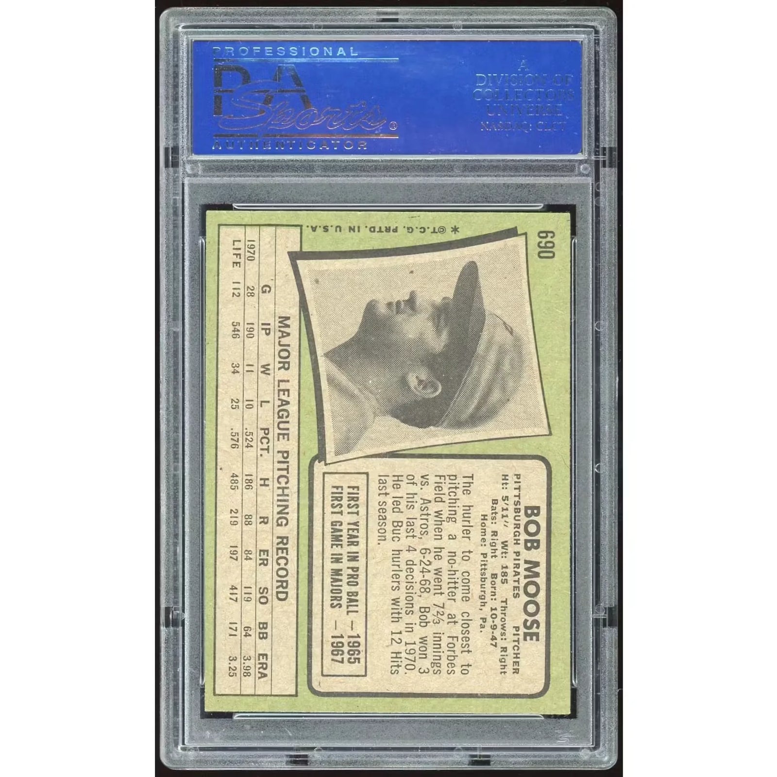 Bob Moose 1971 Topps #690 Baseball Card | PSA 8
