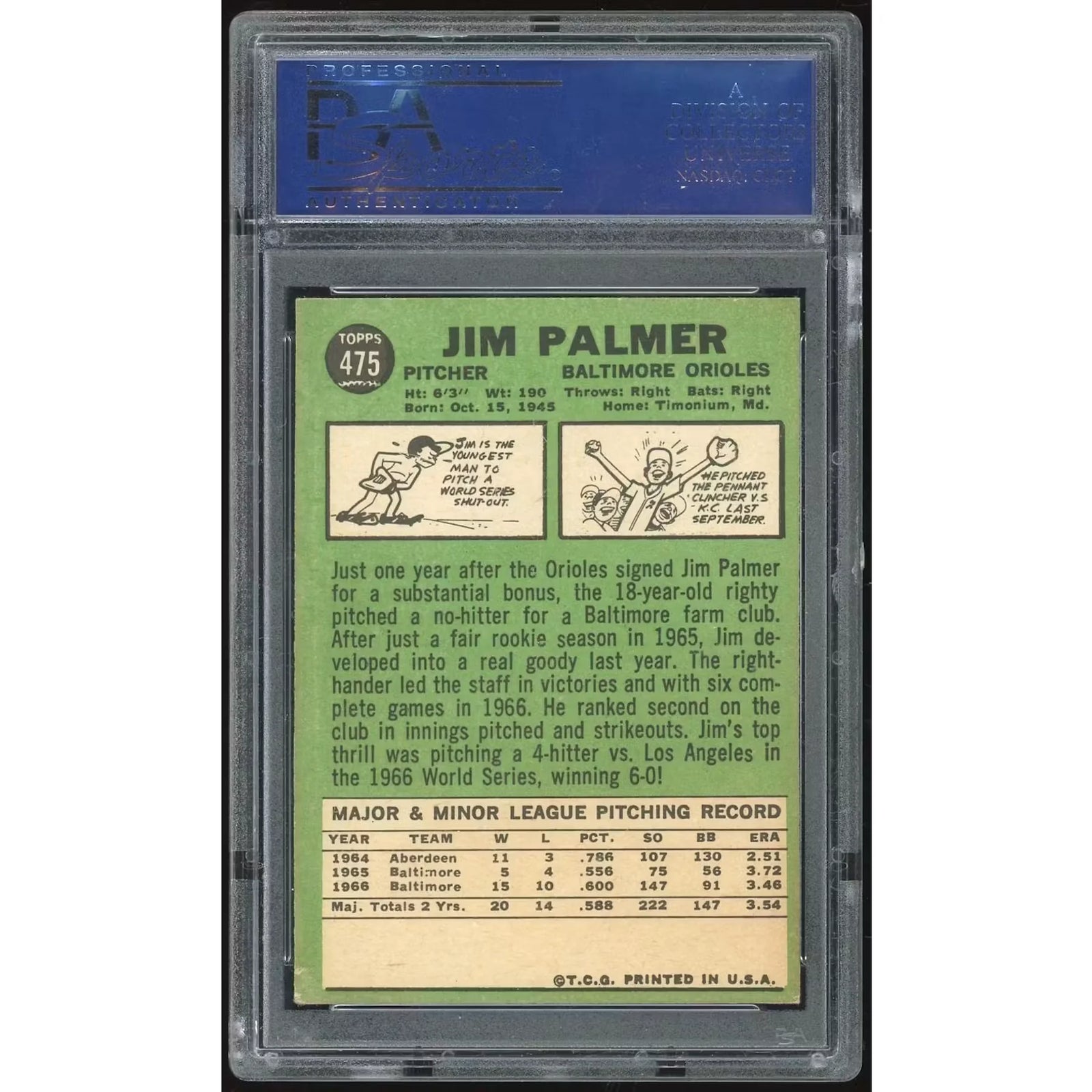Jim Palmer 1967 Topps #475 Baseball Card | PSA 5