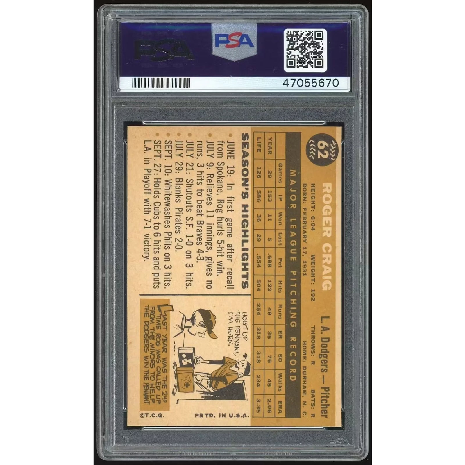 1960 Topps #62 Roger Craig Baseball Card | PSA 8