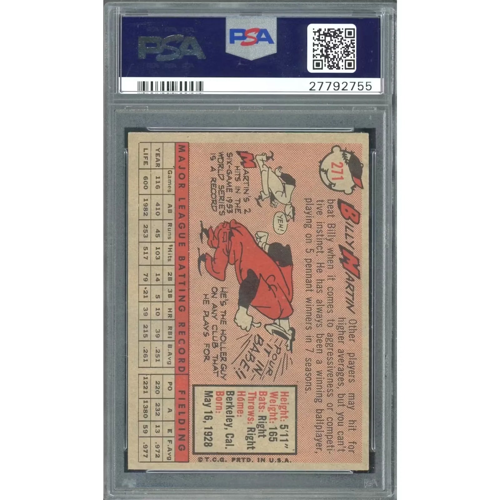 Billy Martin 1958 Topps #271 Baseball Card | PSA 6