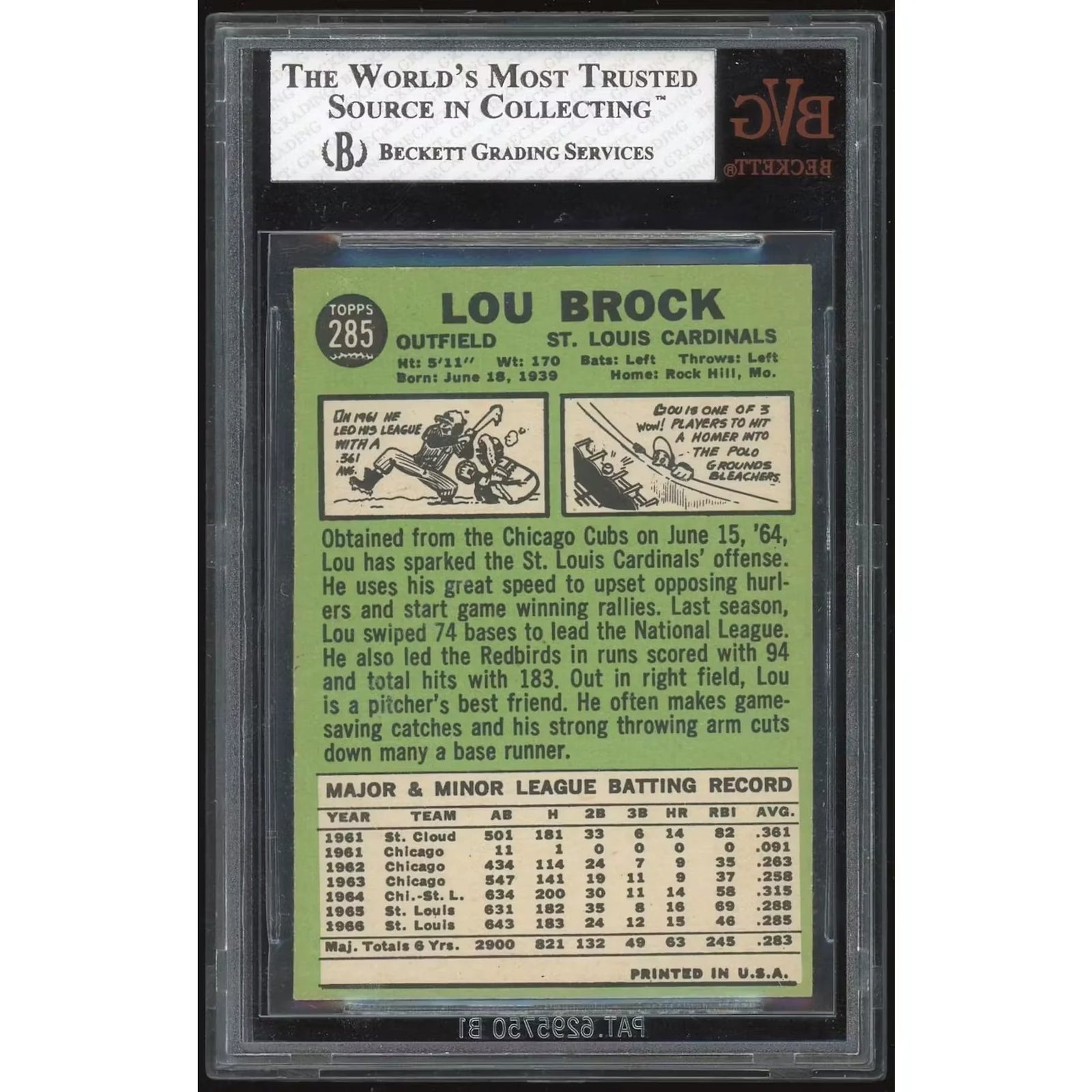 Lou Brock 1967 Topps #285 Baseball Card | BVG 5