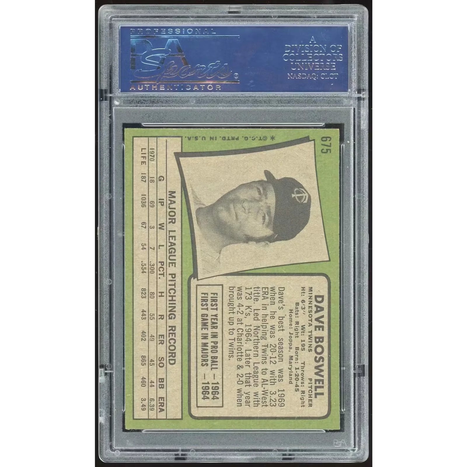 Dave Boswell 1971 Topps #675 Baseball Card | PSA 8 1949