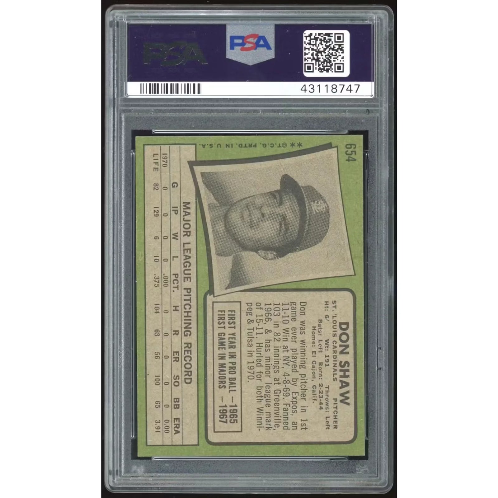 Don Shaw 1971 Topps #654 Baseball Card | PSA 8