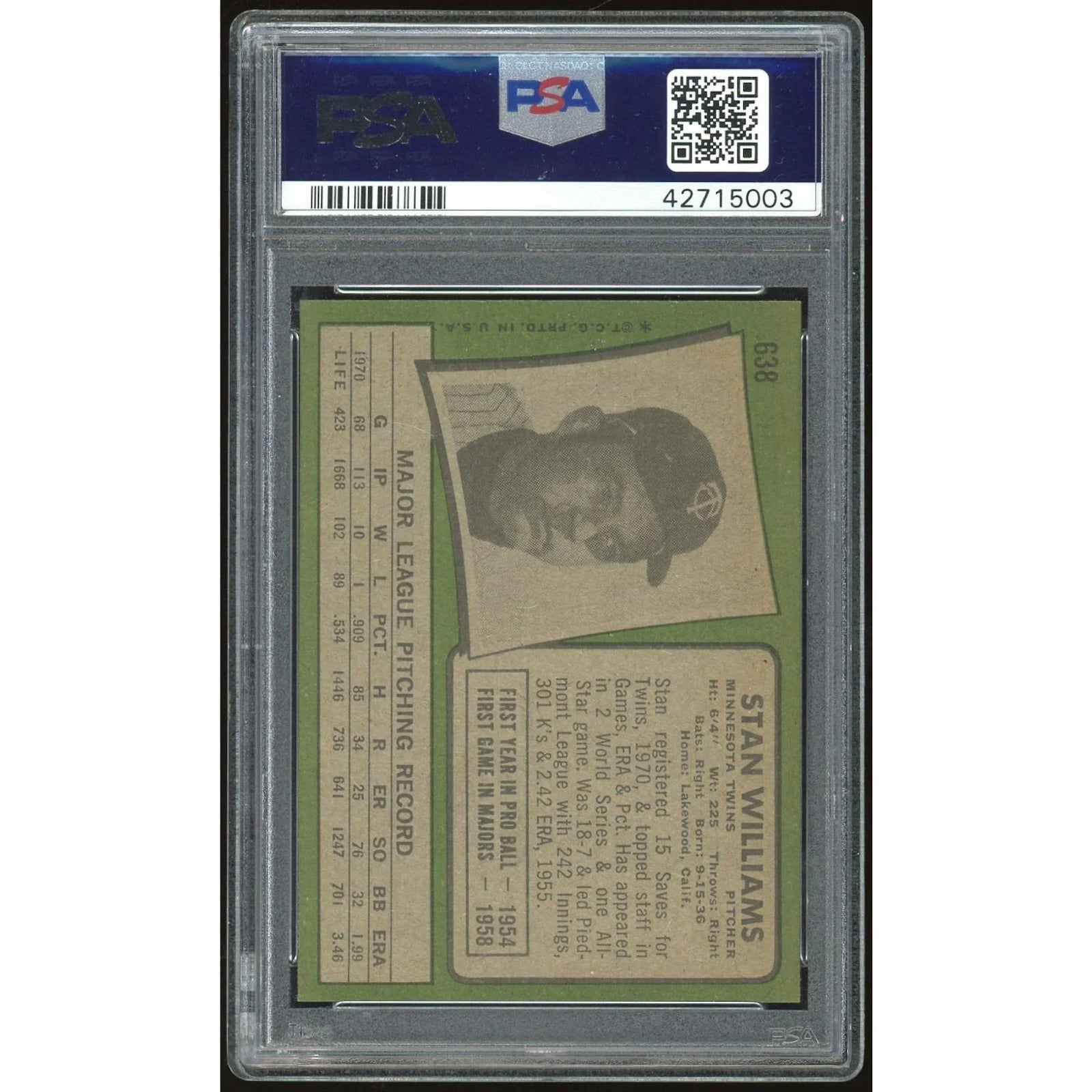 Stan Williams 1971 Topps #638 Baseball Card | PSA 8
