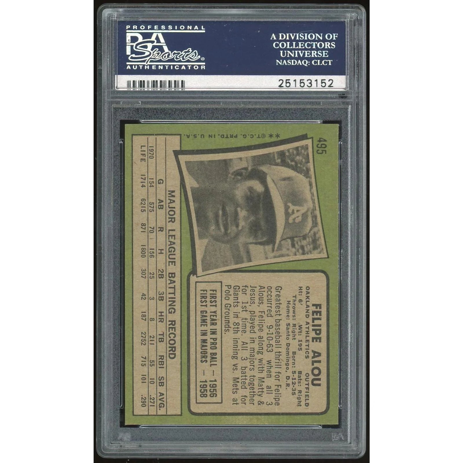 Felipe Alou 1971 Topps #495 Baseball Card | PSA 8.5