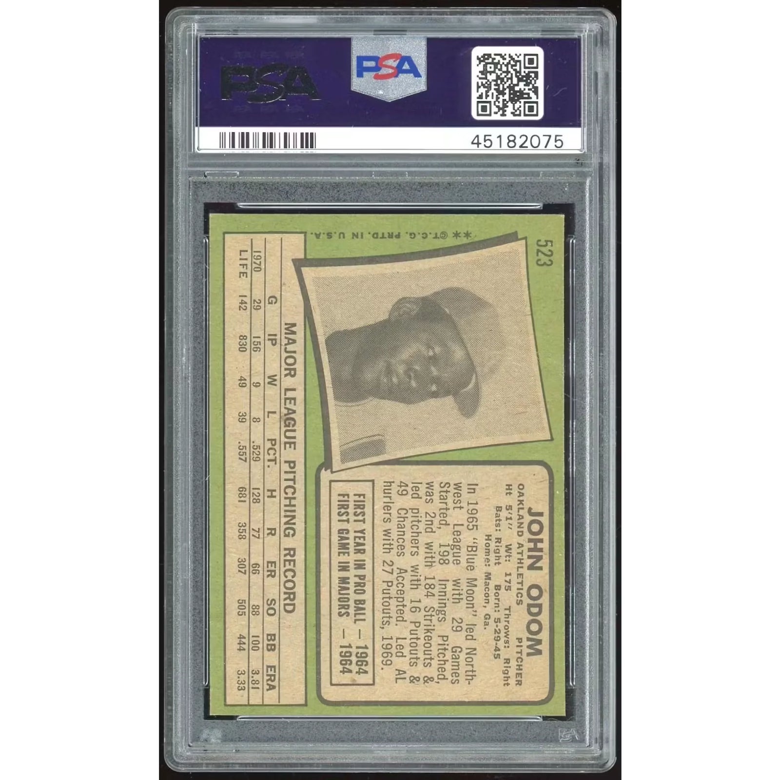 1971 Topps #523 John Odom Baseball Card | PSA 8.5 2075