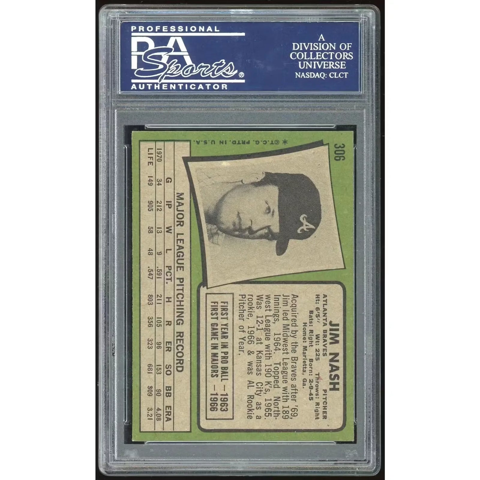 1971 Topps #306 Jim Nash Baseball Card | PSA 8