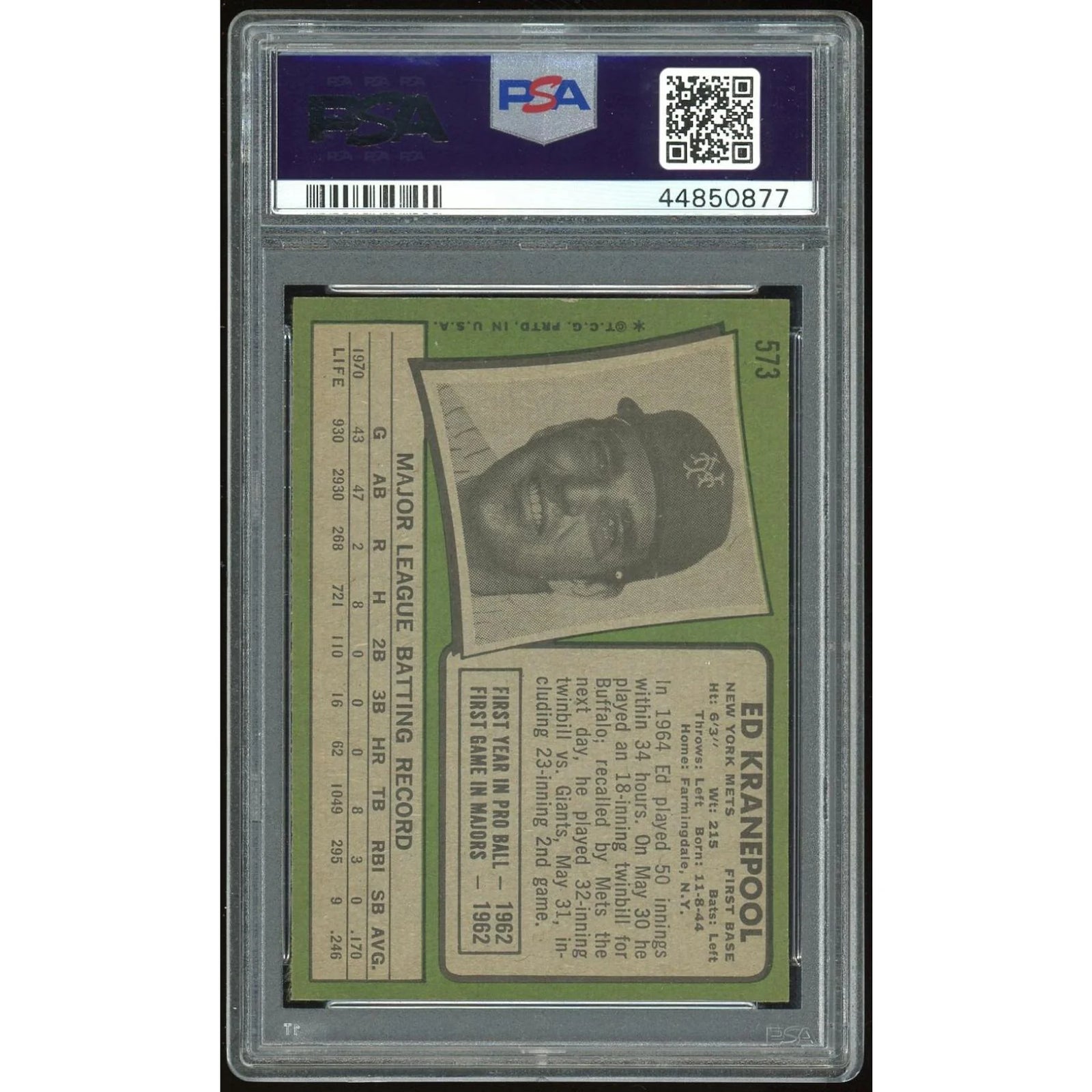 Ed Kranepool 1971 Topps #573 Baseball Card | PSA 8