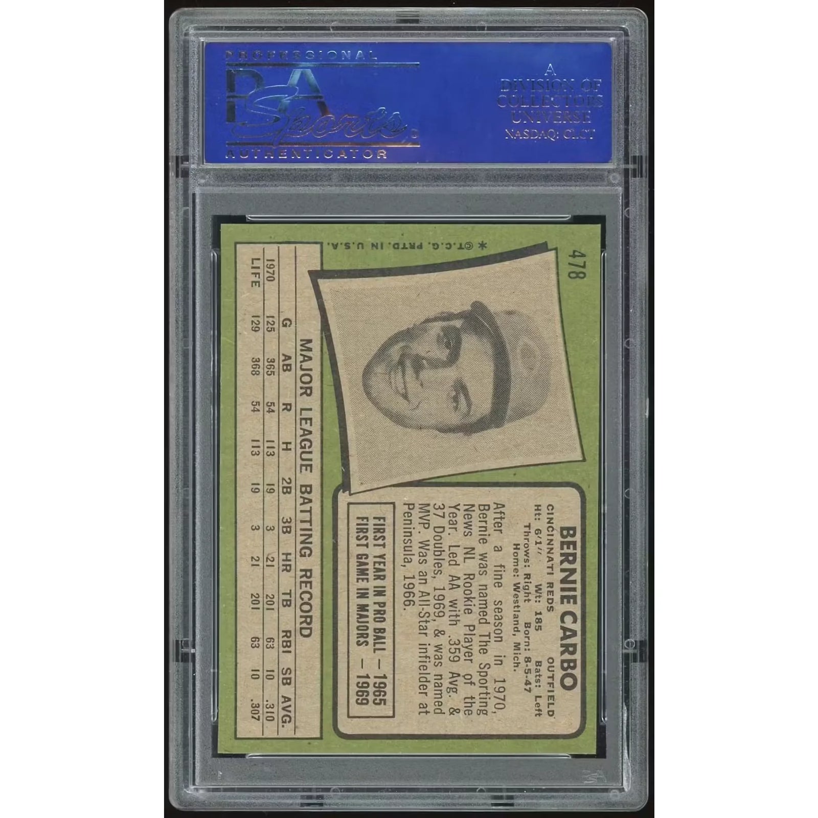 Bernie Carbo 1971 Topps #478 Baseball Card | PSA 8