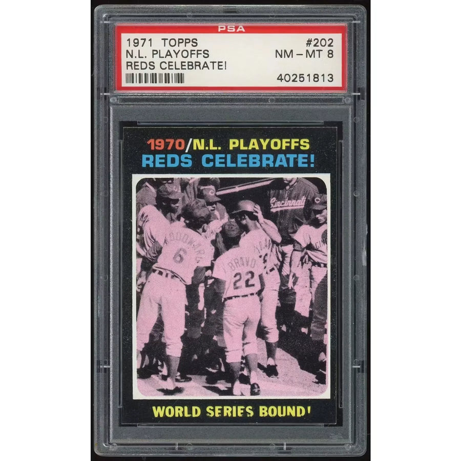 1971 Topps #202 NL Playoffs Reds Celebrate | PSA 8