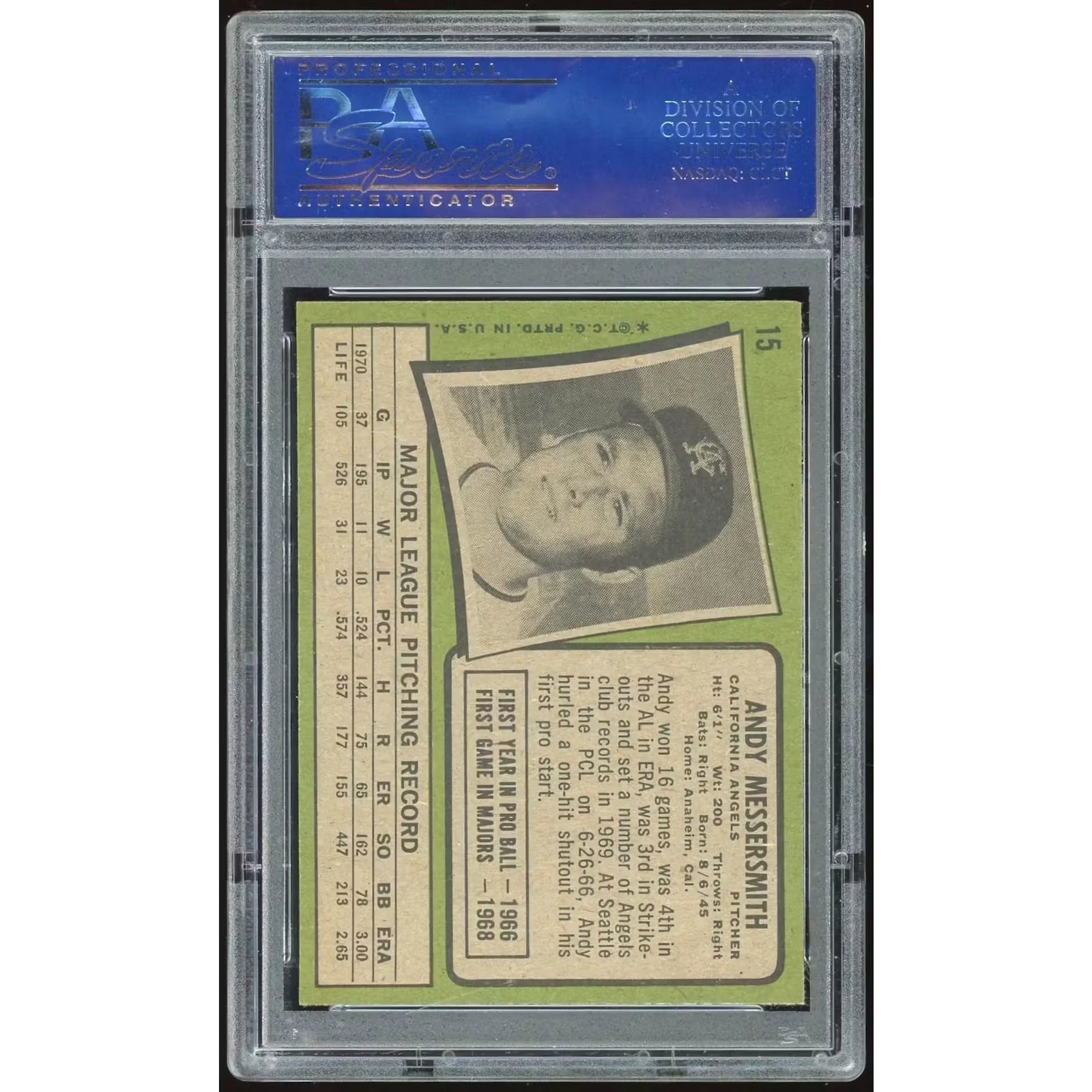 Andy Messersmith 1971 Topps #15 Baseball Card | PSA 8