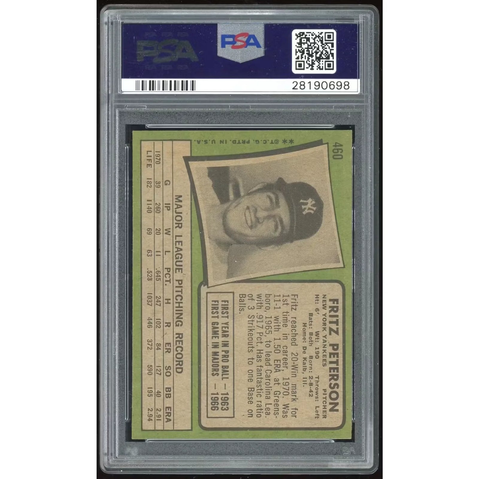 Fritz Peterson 1971 Topps #460 Baseball Card | PSA 8.5