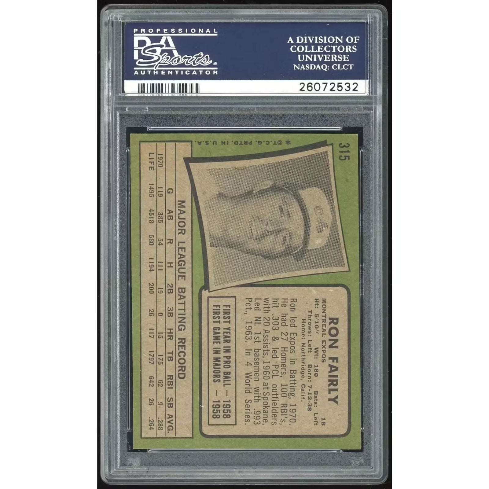 Ron Fairly 1971 Topps #315 Baseball Card | PSA 8.5