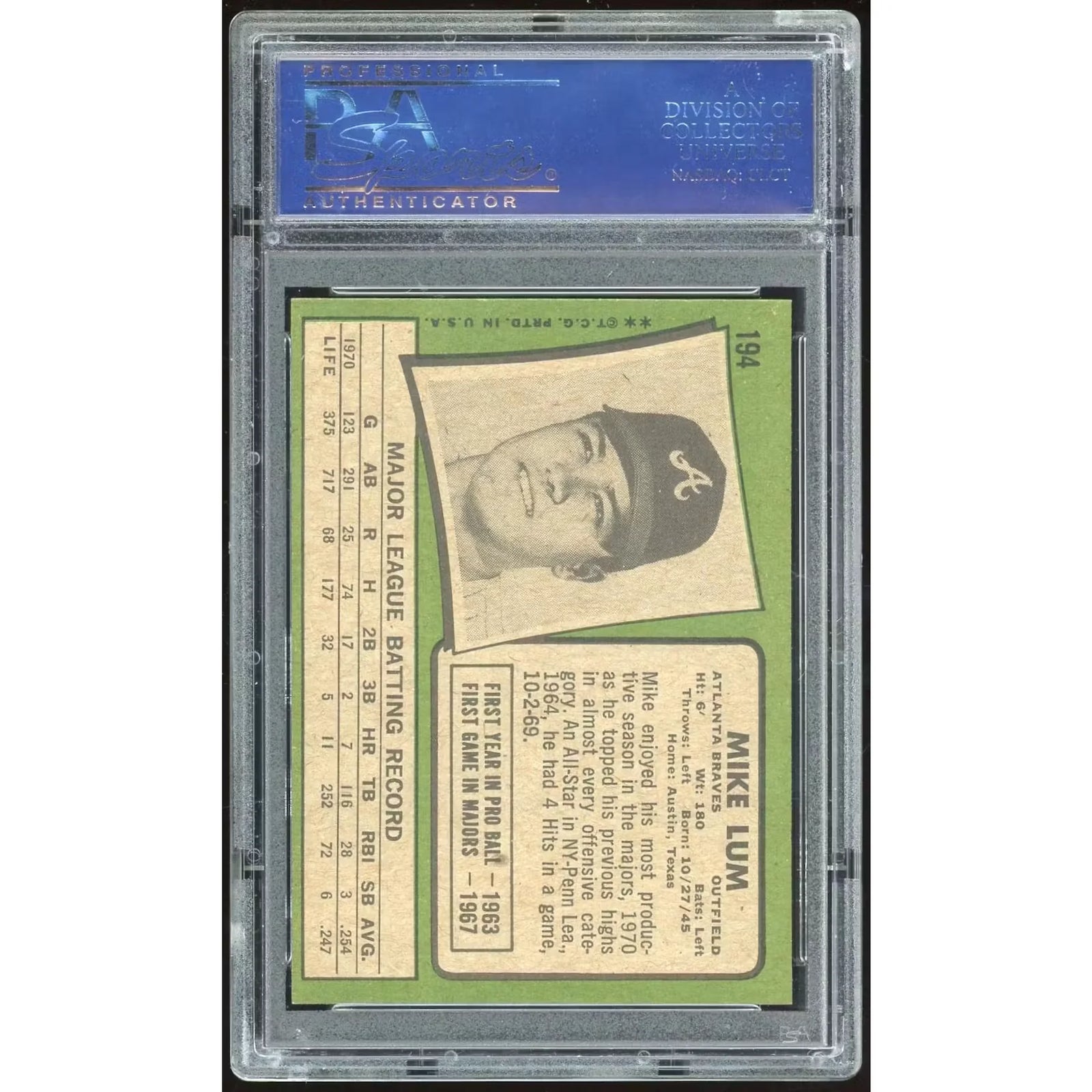 Mike Lum 1971 Topps #194 Baseball Card | PSA 8