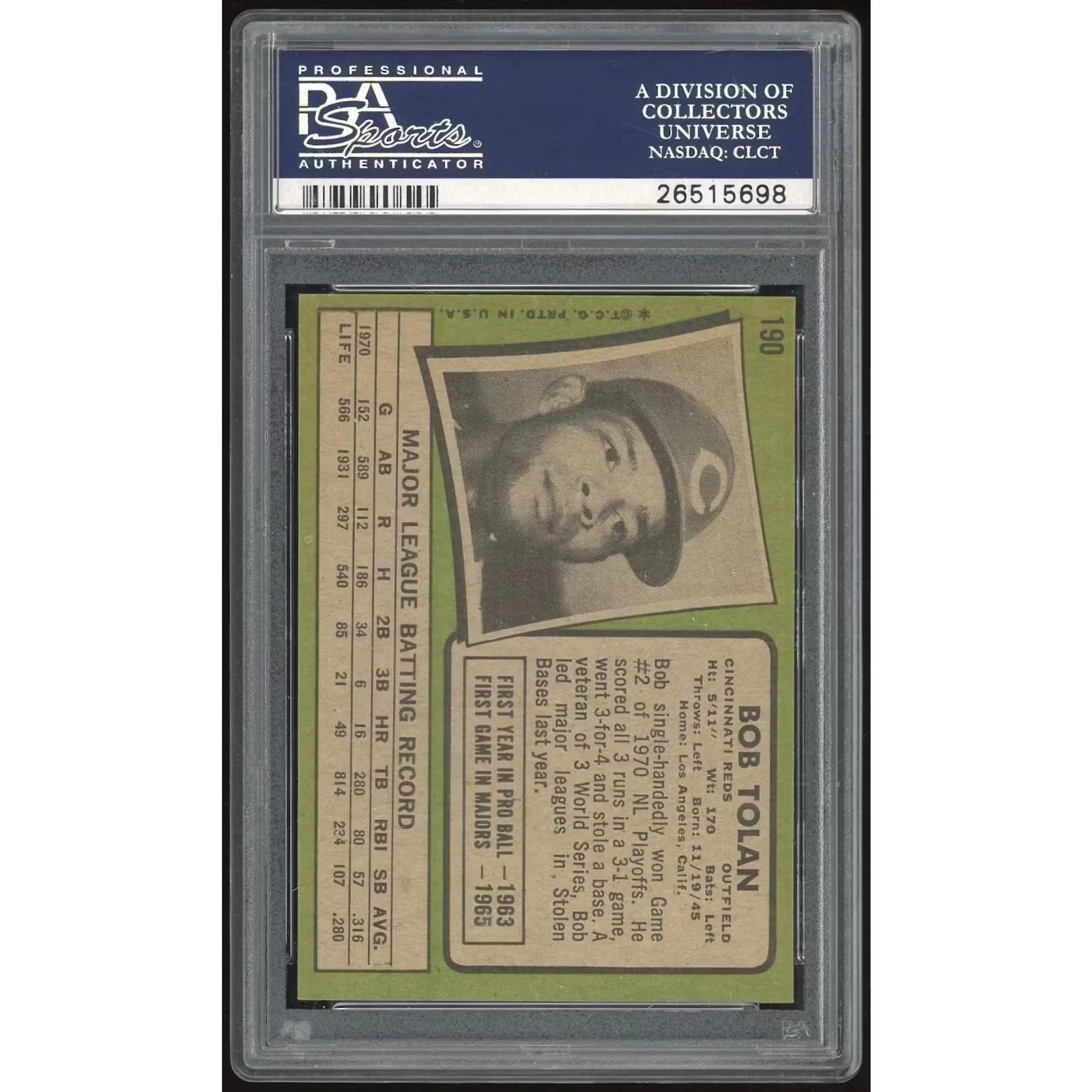 Bob Tolan 1971 Topps #190 Baseball Card | PSA 8