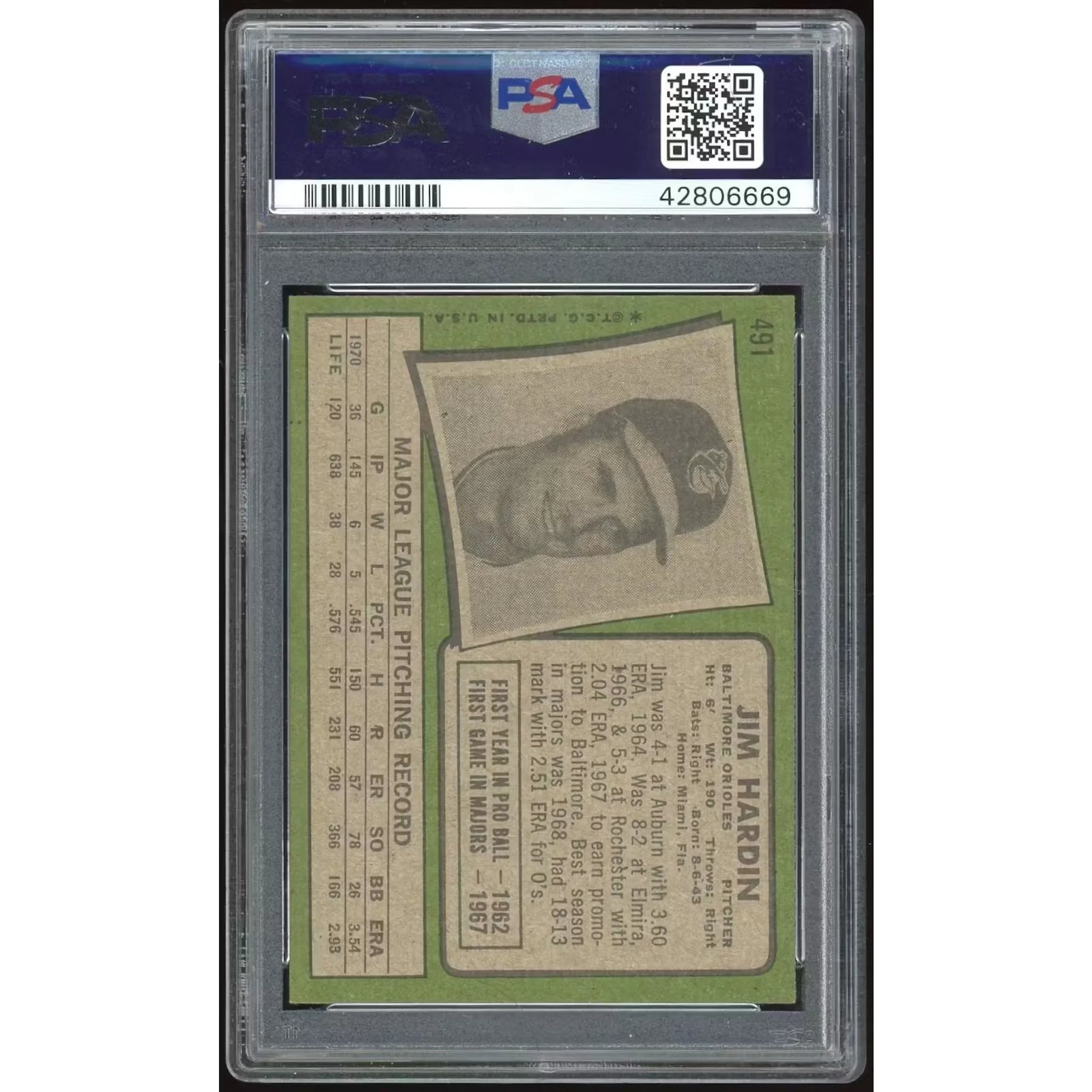 Jim Hardin 1971 Topps #491 Baseball Card | PSA 8