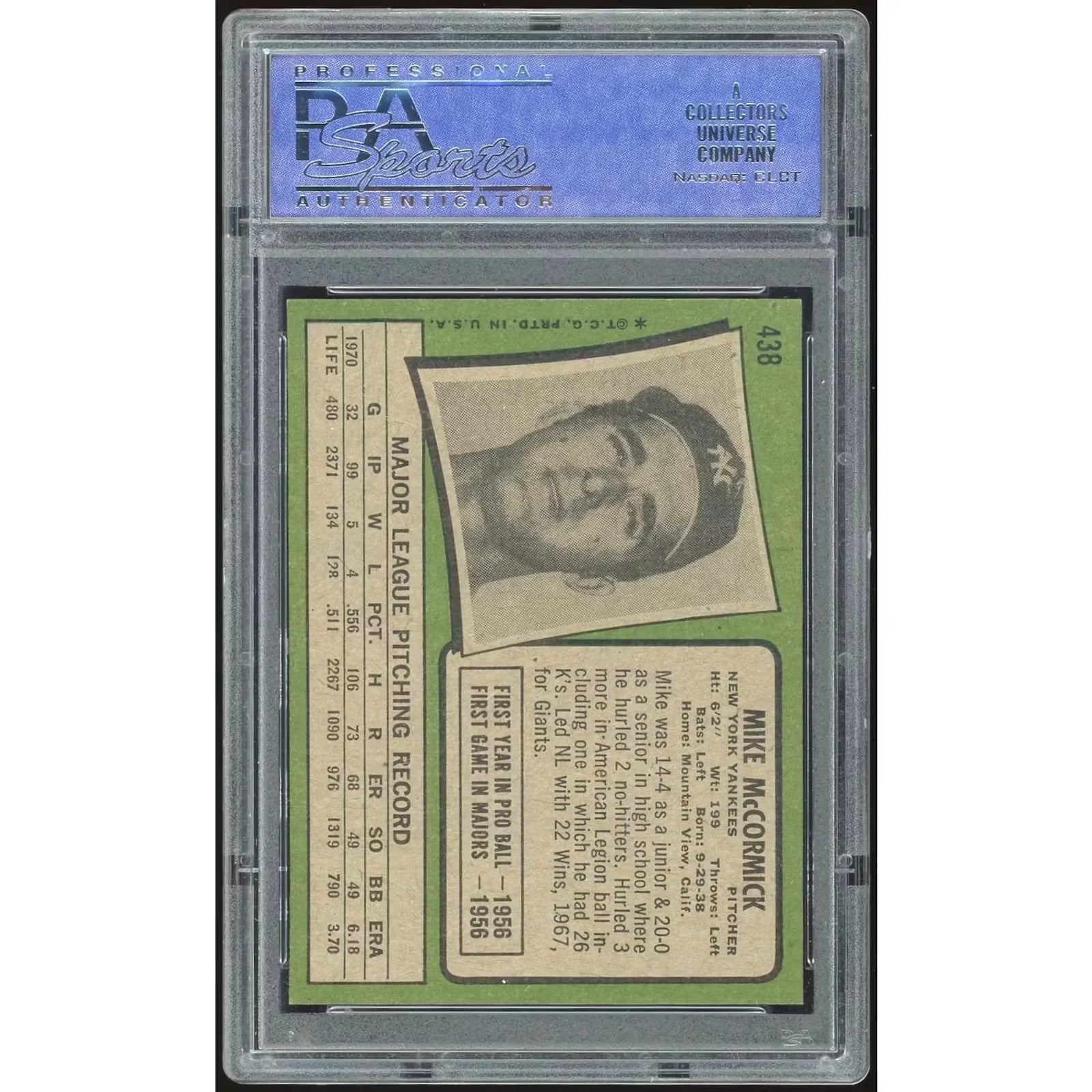1971 Topps #438 Mike McCormick Baseball Card | PSA 8