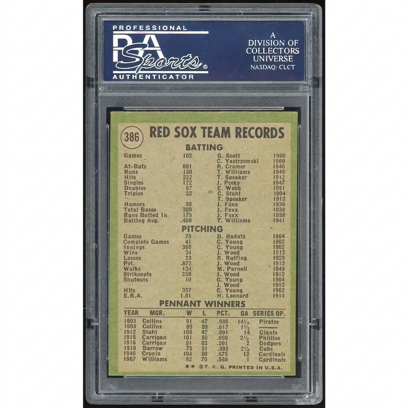 1971 Topps #386 Red Sox Team Card | PSA 8