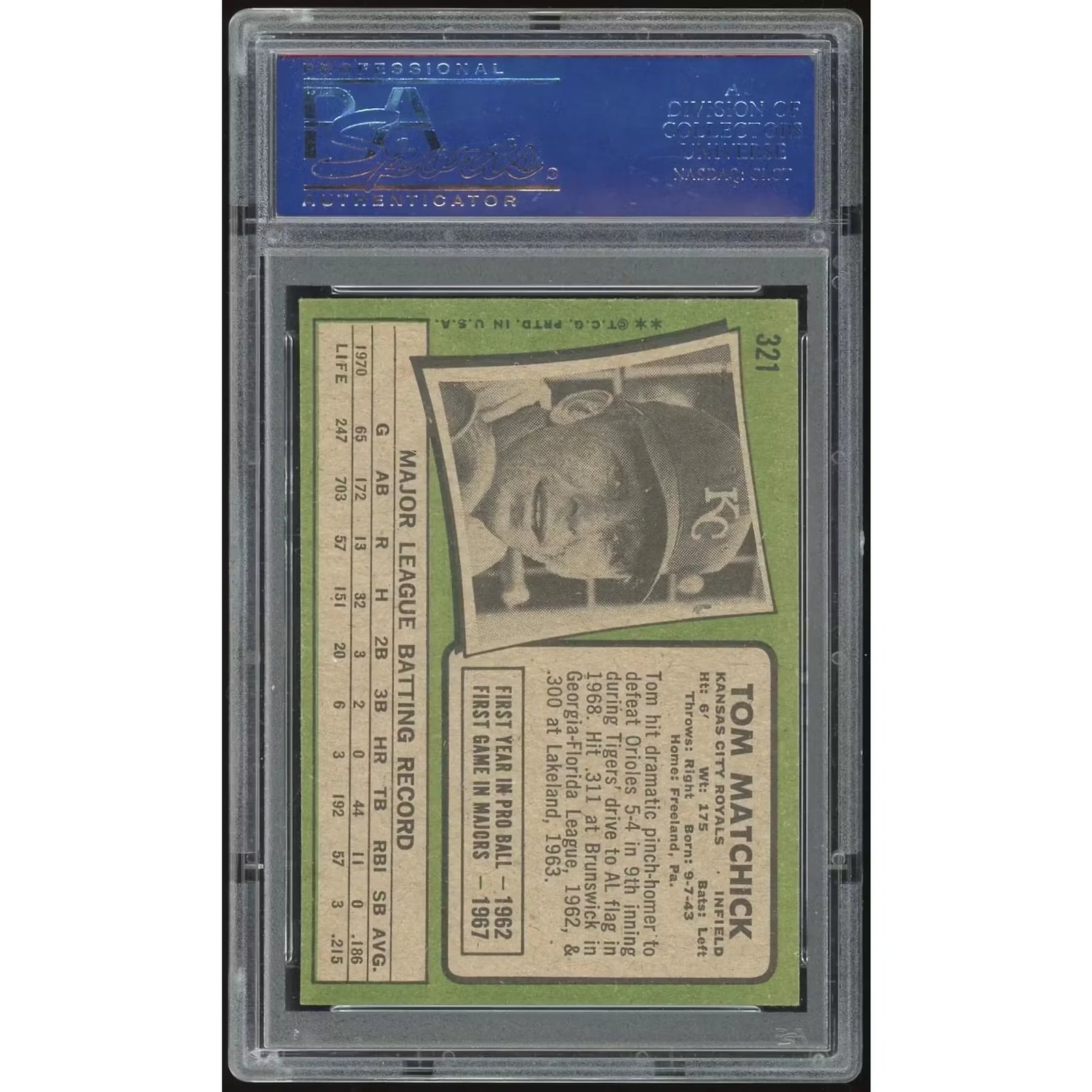 Tom Matchick 1971 Topps #321 Baseball Card | PSA 8.5