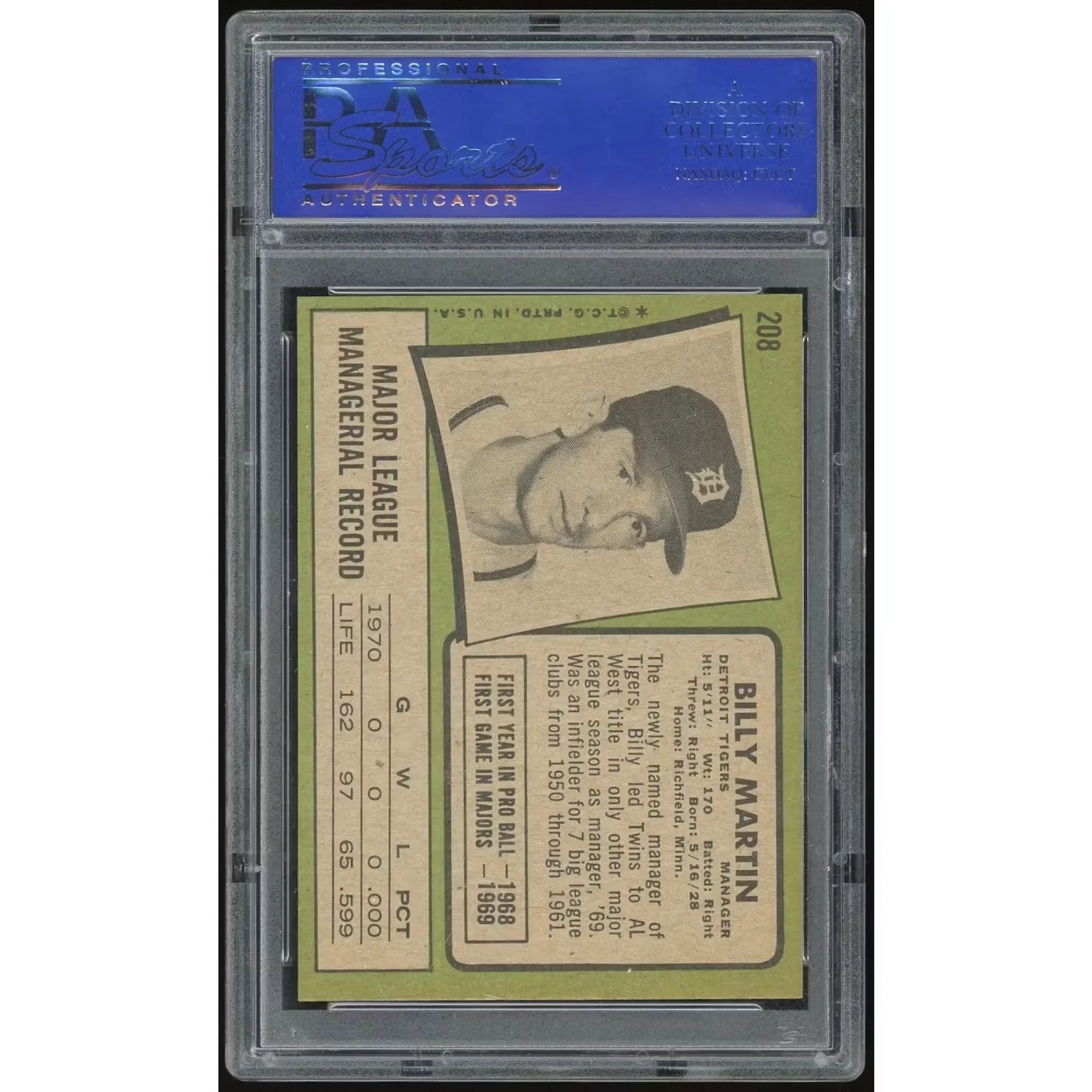 Billy Martin 1971 Topps #208 Baseball Card | PSA 8