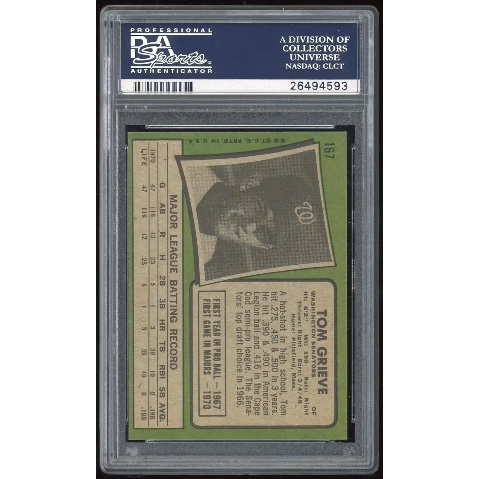 Tom Grieve 1971 Topps #167 Rookie Card | PSA 8